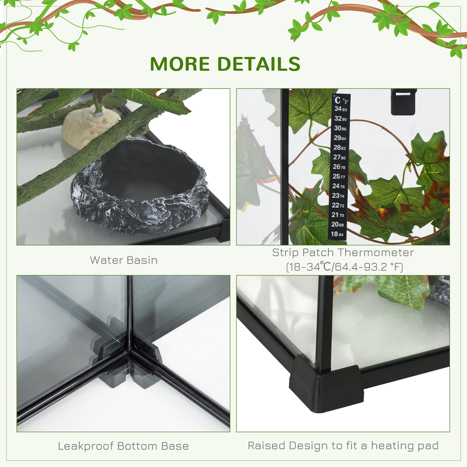 Pawhut 14 Gallon Reptile Glass Terrarium Tank With Decor Kit, Breeding Box Full View With Visually Appealing Sliding Screen Top For Lizards, Frogs, Snakes, Spiders, 20" X 12" X 14", Black Black Glass