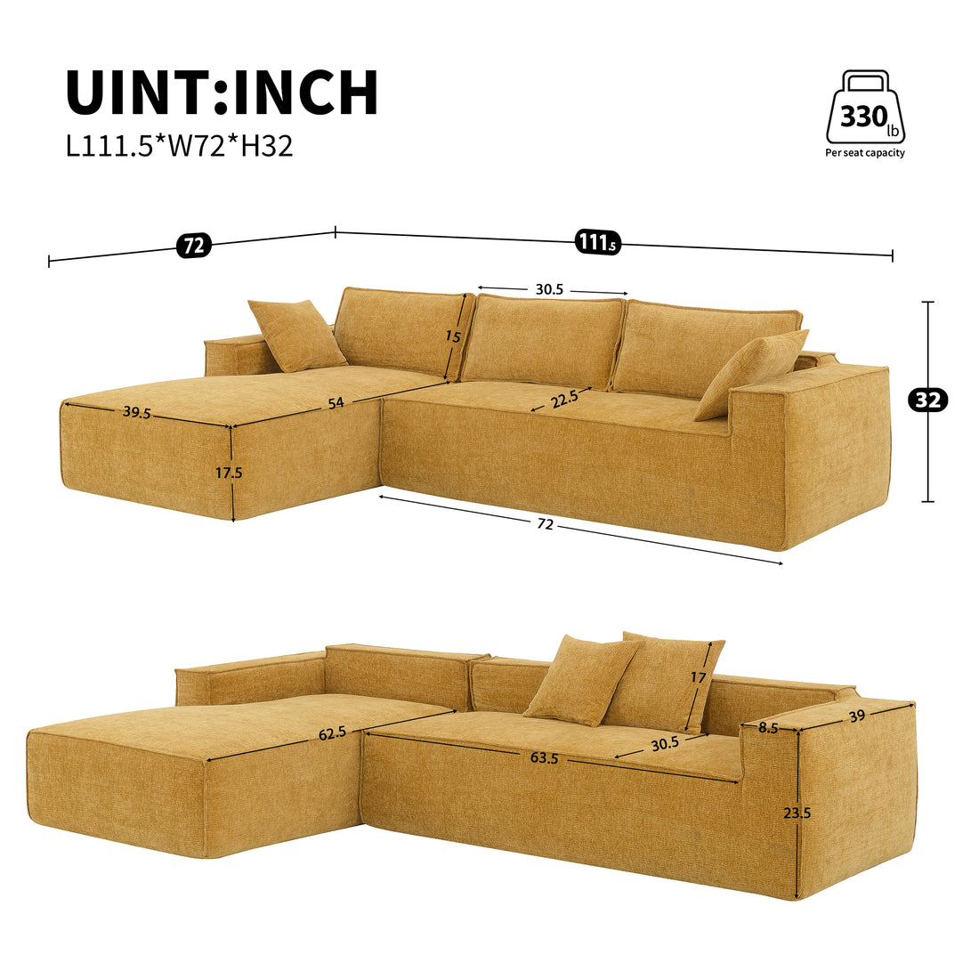 111.5*72"Minimalist Style Modular Sectional Sofa,Wrinkle Resistant Chenille Couch Set,L Shaped Sleeper Sofa Bed For Living Room,2 Pic Free Combination,No Assembly Require,3 Colors Yellow Chenille 4 Seat