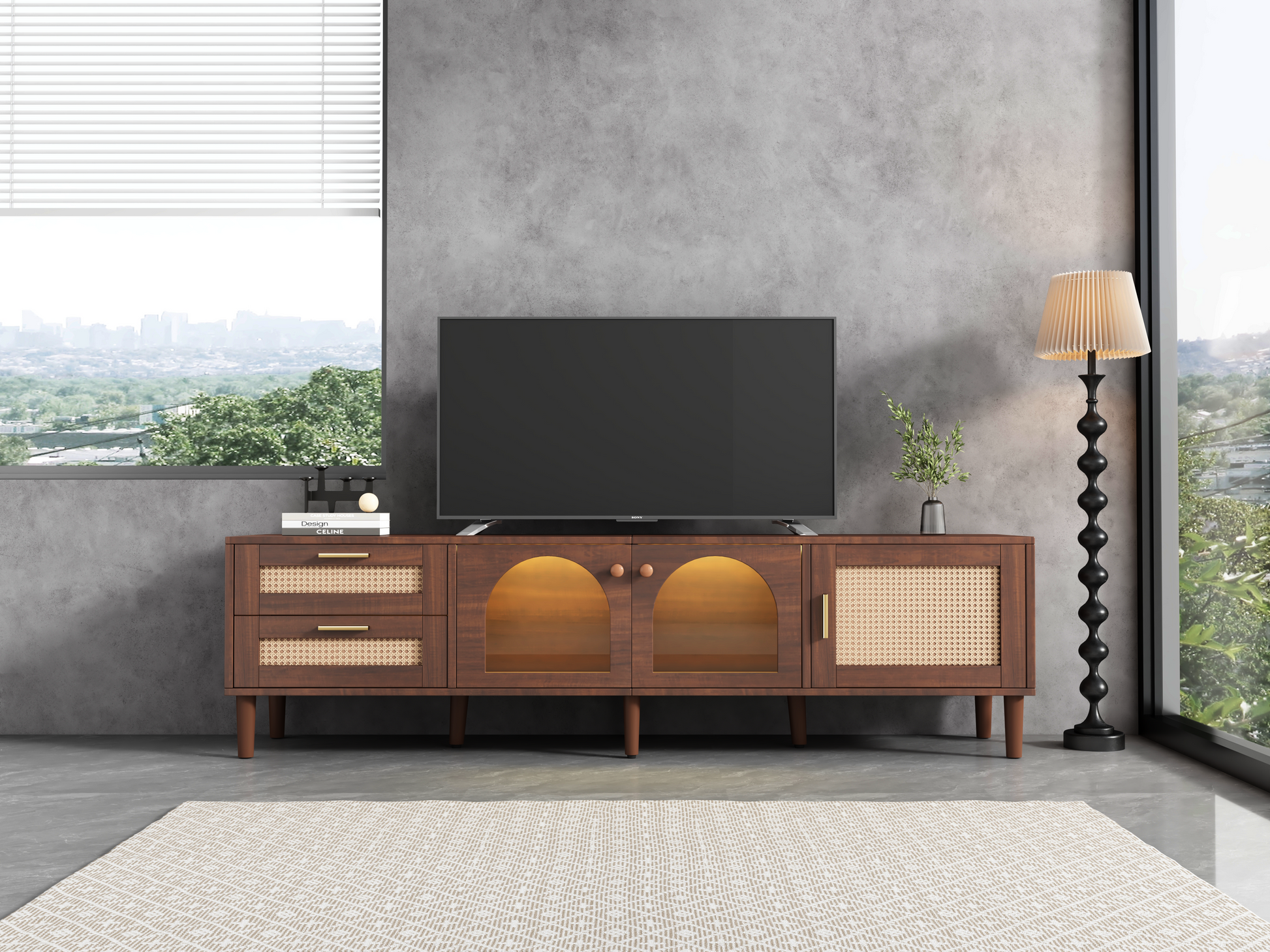 Rattan Tv Stand With 3 Cabinets & 2 Drawers, Rattan Inspired Media Console Table For Tvs Up To 80'', Led Light Entertainment Center, Tv Cabinet For Living Room, Bedroom, Home Theatre Dark Brown