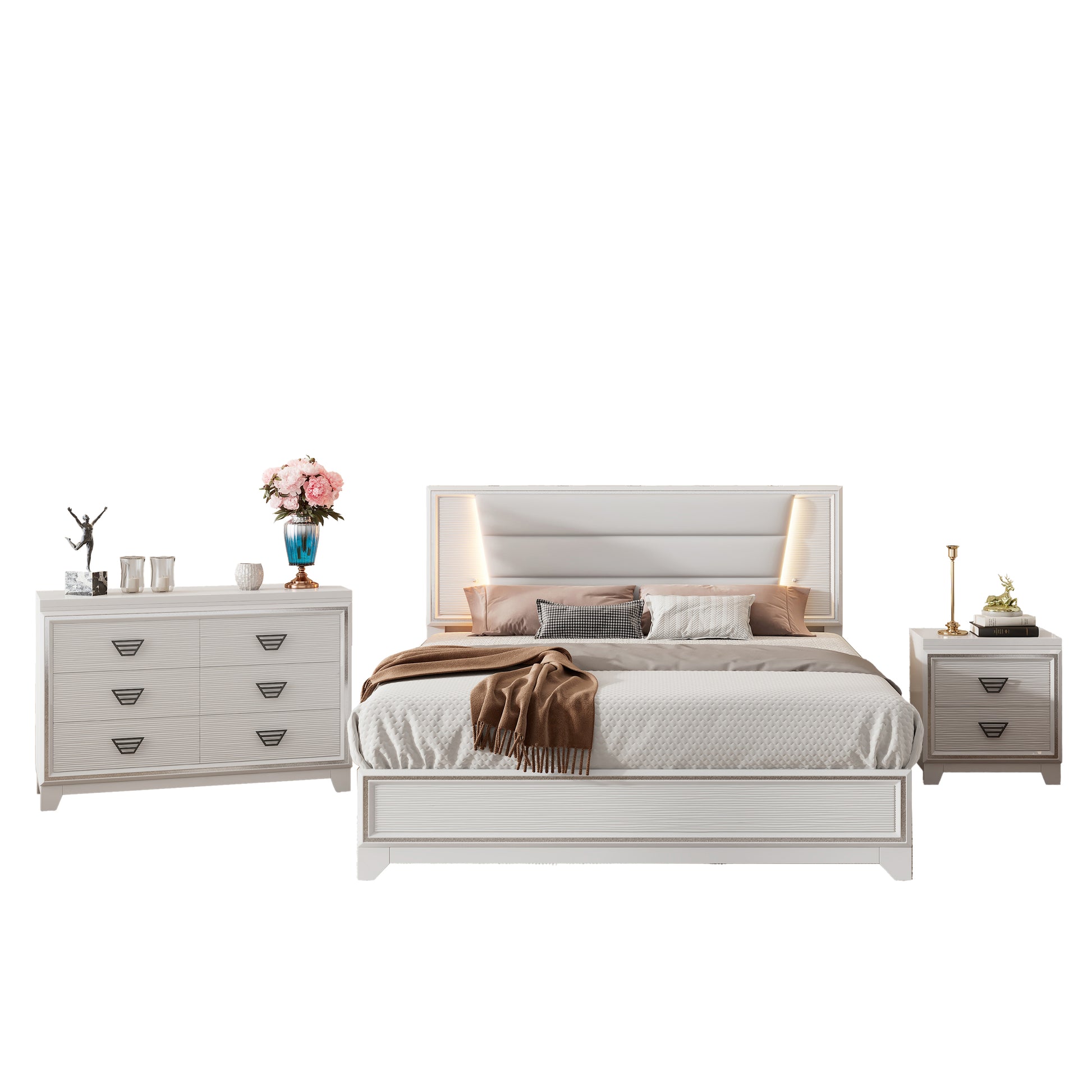 3 Pieces Bedroom Sets Queen Size Upholstered Bed With Led Lights, Nightstands And Dresser With Metal Handles And Sparkling Shiny Decoration, White Queen White 3 Piece Set Mdf Metal