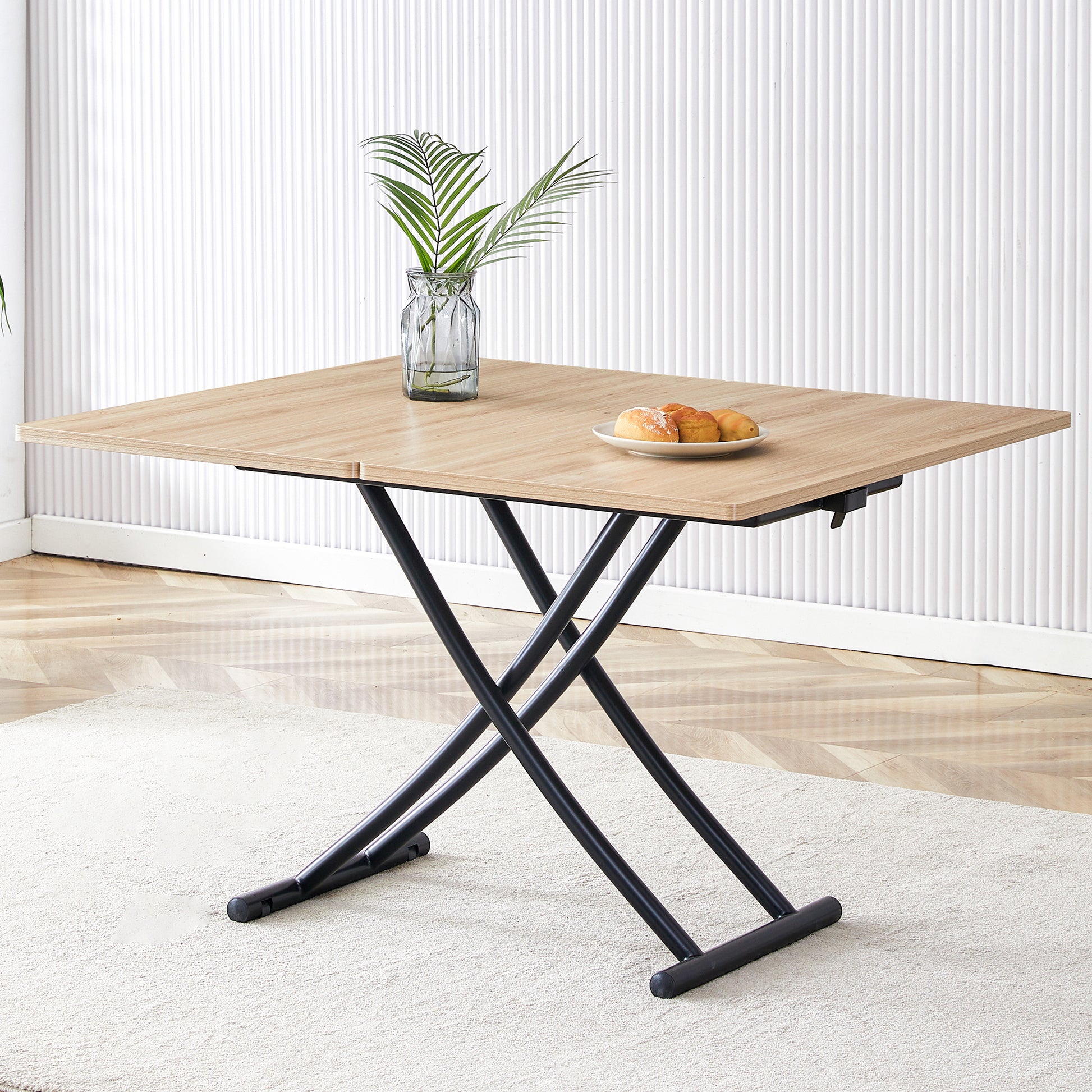 Modern Minimalist Multifunctional Lift Table With 0.8 Inch Mfc Tabletop And Black Metal Legs, Can Be Used As Dressing Table, Coffee Table, Dining Table, And Office Desk. Lt 10055 Black Iron