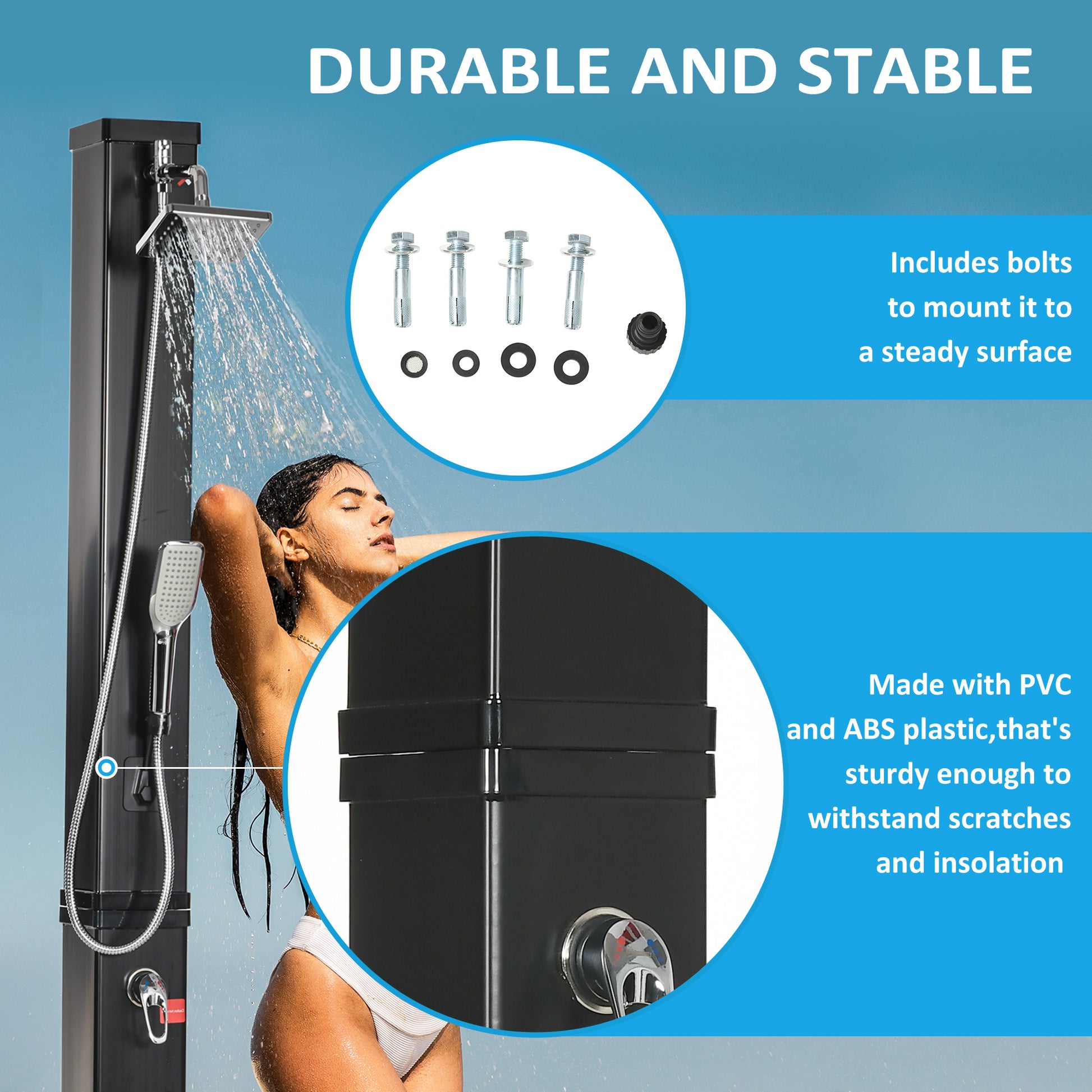 Outsunny 10.6 Gallons Solar Heated Shower With 360 Rotating Rainfall, Handheld Shower Head, Temperature Adjustment & Foot Shower, 2 Section Outdoor Shower For Backyard Poolside Beach Pool Spa, 7Ft