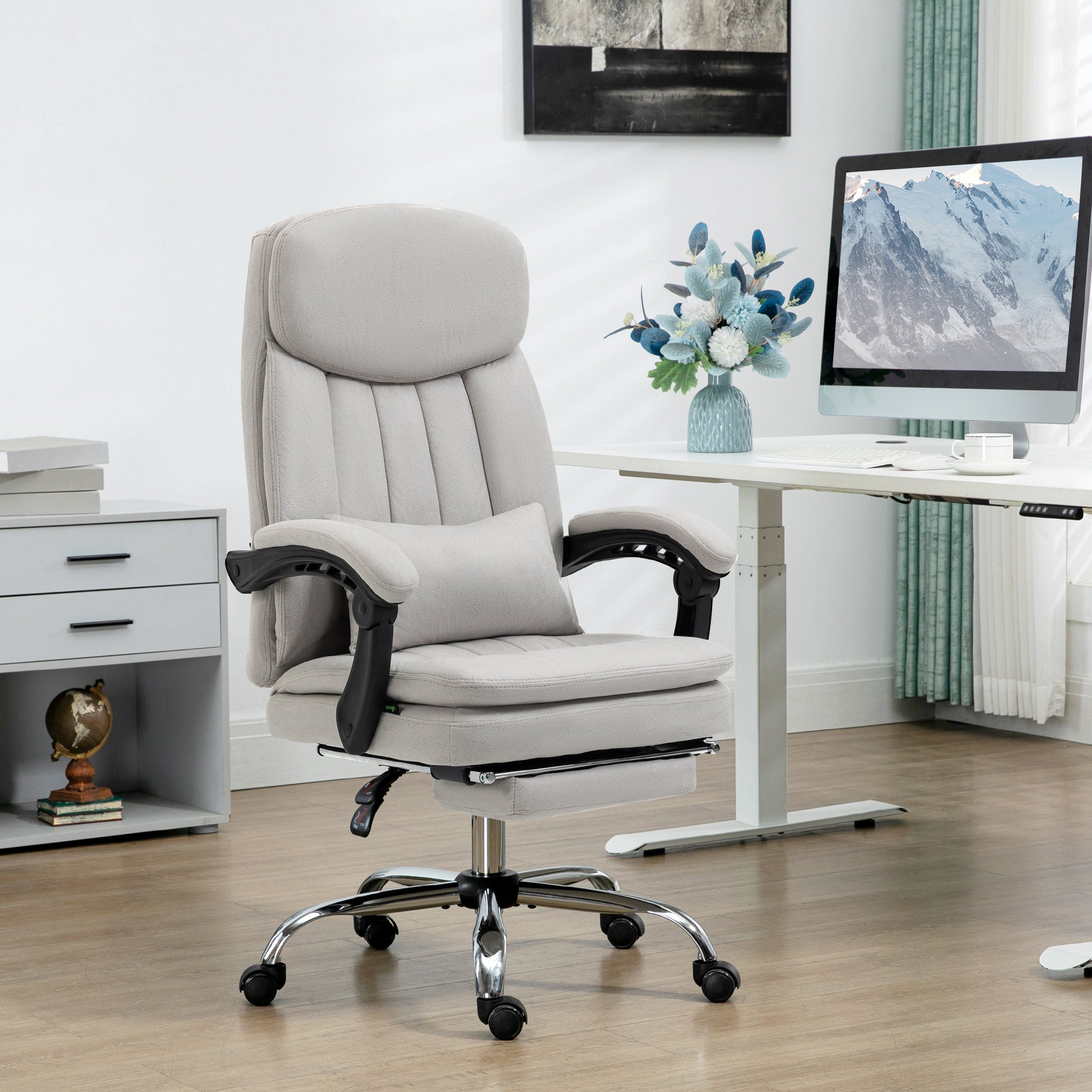 Vinsetto Microfibre Executive Massage Office Chair, Swivel Computer Desk Chair, Heated Reclining Computer Chair With Lumbar Support Pillow, Light Gray Light Grey Polyester
