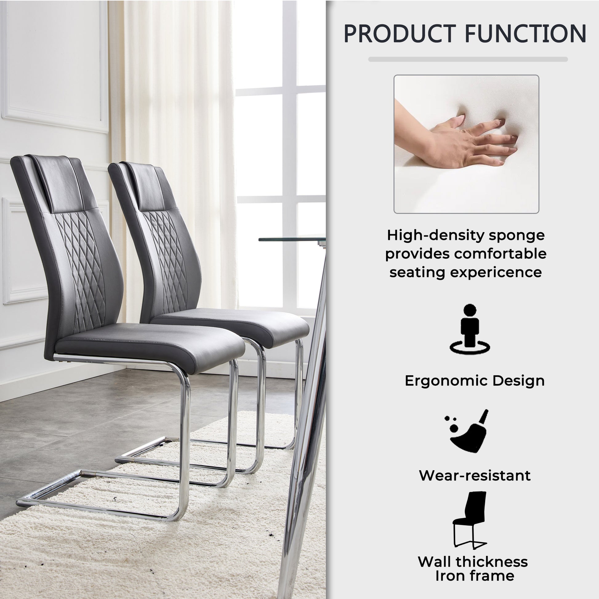 Table And Chair Set.Modern Rectangular Glass Dining Table With A Tempered Glass Tabletop And Silver Metal Legs, Paired With Multiple Chairs Designed With Pu Cushions And Silver Metal Legs. Gray Silver Seats 8 Tempered Glass