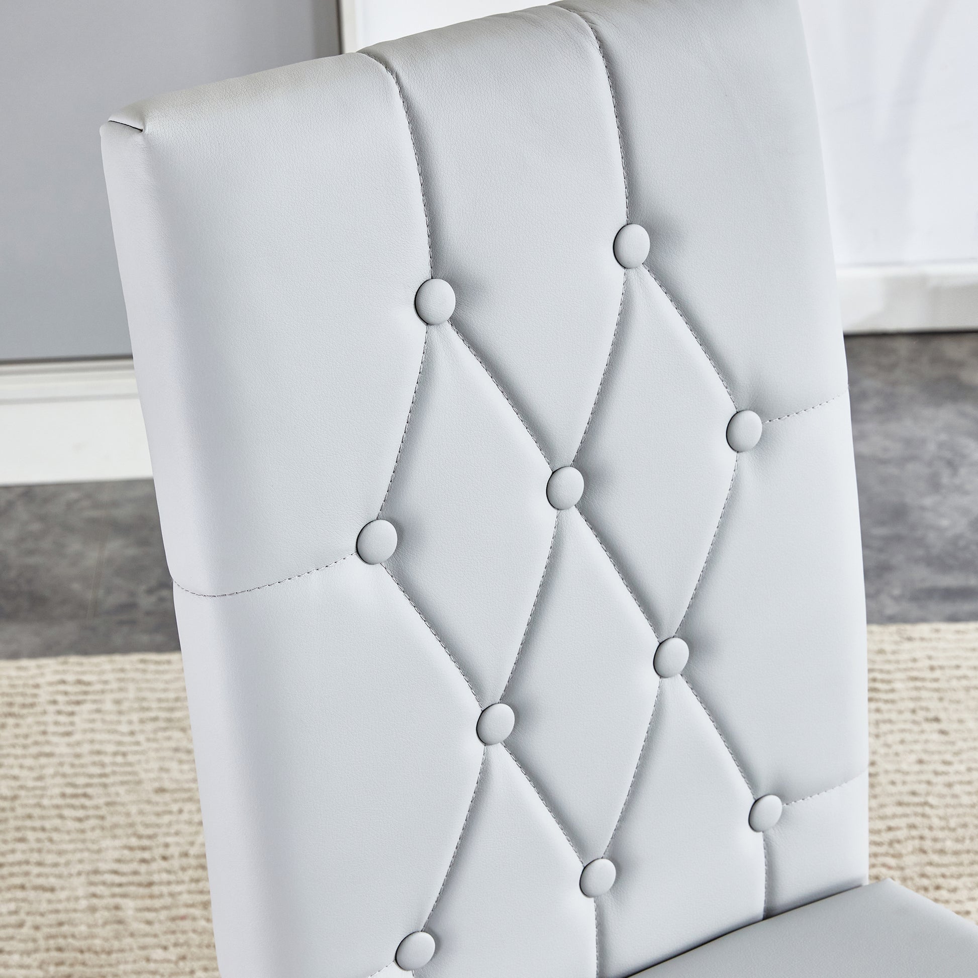 Table And Chair Set, Modern Dining Table, Tempered Glass Tabletop And Silver Colored Leg Table, Soft And Comfortable Dining Chair, Perfect For Dinner, Meetings, Home And Office Decor Gray Seats 6 Glass