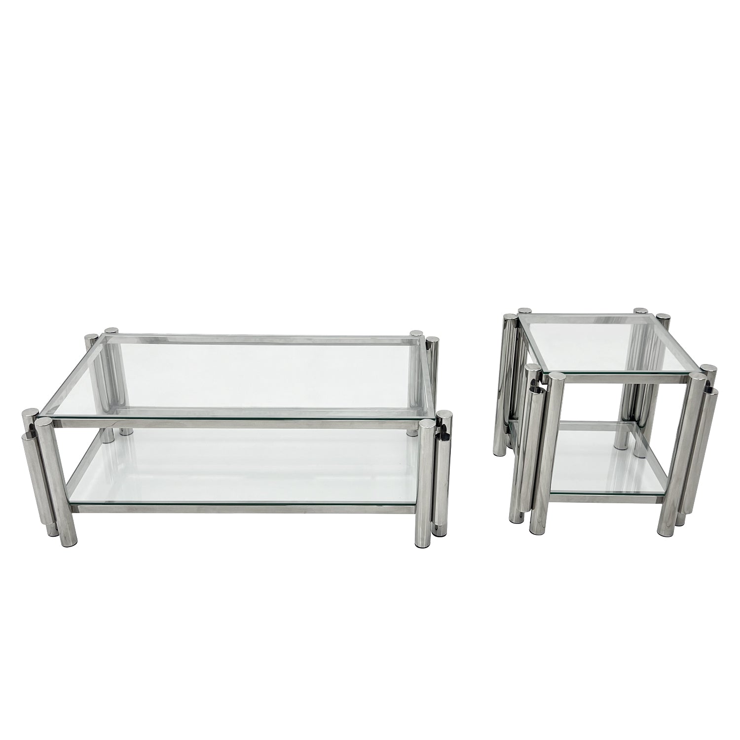 Modern Stainless Steel Coffee Table Set Set Of 2 , Double Layer Clear Tempered Glass Table Top, Coffee Table & End Side Table 2 Pieces Sets For Living Room Home Office, Silver Clear,Silver Modern