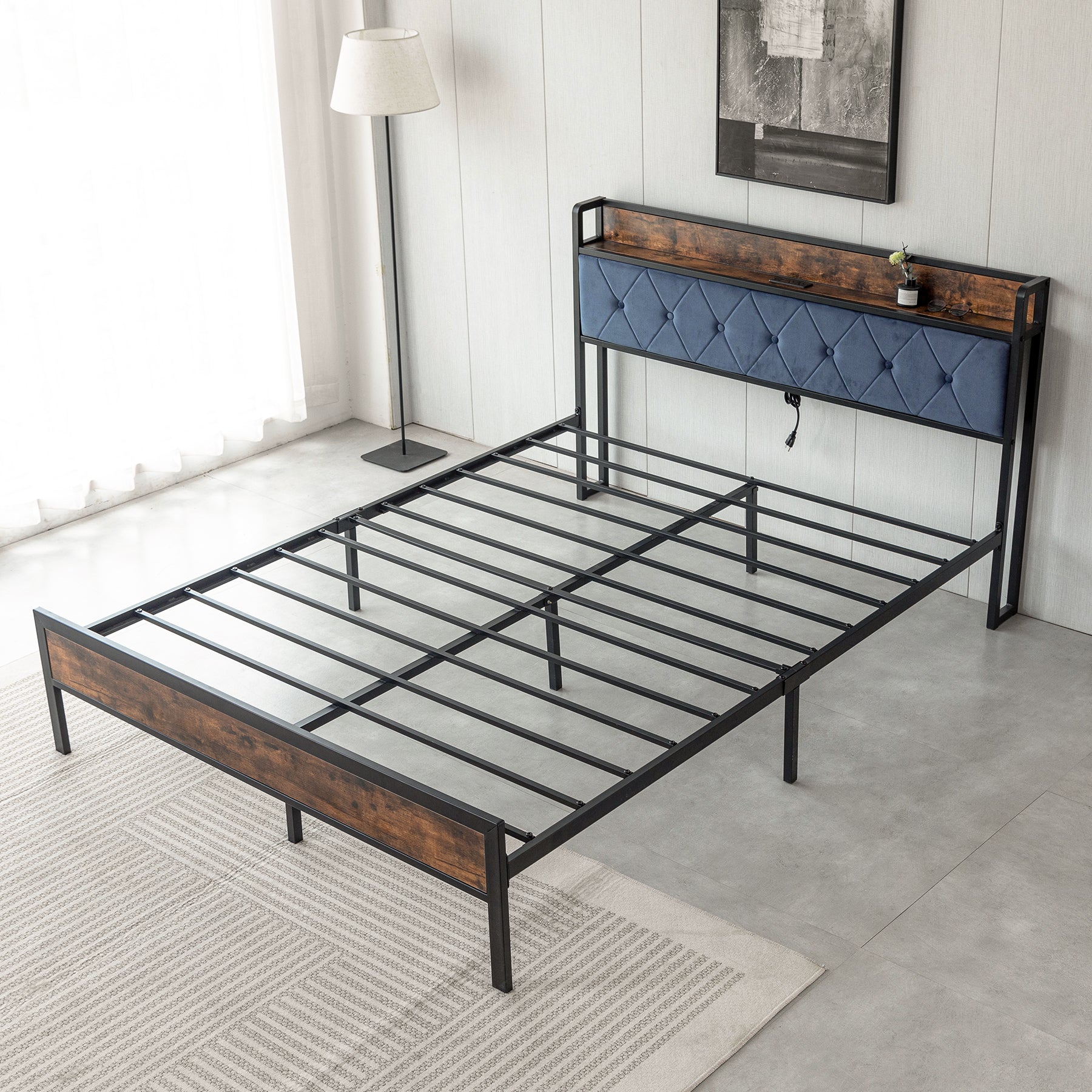 Black Queen Metal Bed Frame With Upholstered Headboard And Footboard And Iron Slats, Rustic Bed Base, Heavy Duty Platform Bed Frame,12 Inch Underbed Storage No Springs Required Box Spring Required Queen Black Dark Walnut Metal Brown Bedroom