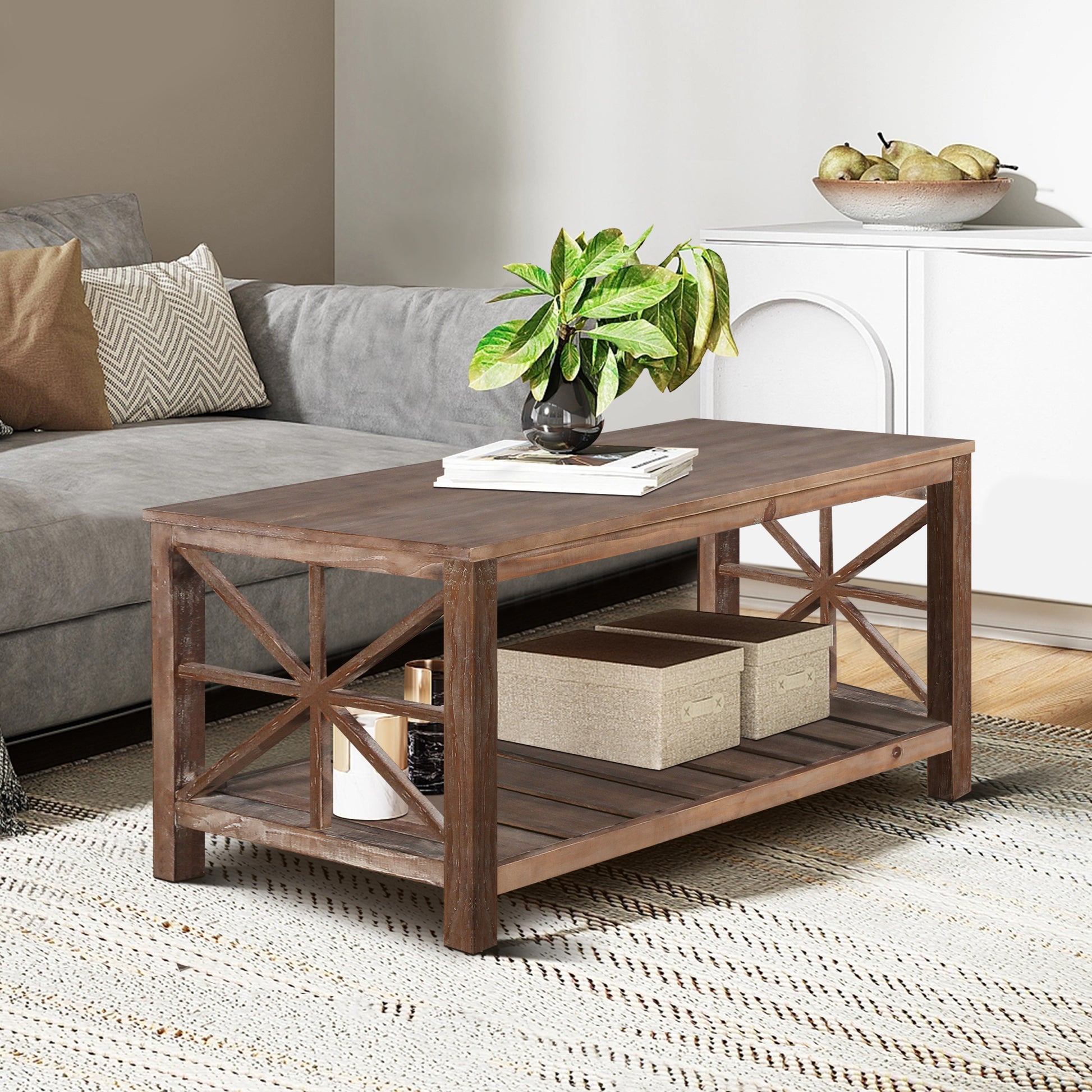 47 Inch Modern Coffee Table With Storage Shelf, Farmhouse Rectangle Living Room Center Table For Small Spaces Antique Brown Antique Brown Light Brown Desk Top Primary Living Space Antique Floor Mount Rectangular Open Storage Coffee & End Tables Lacquered