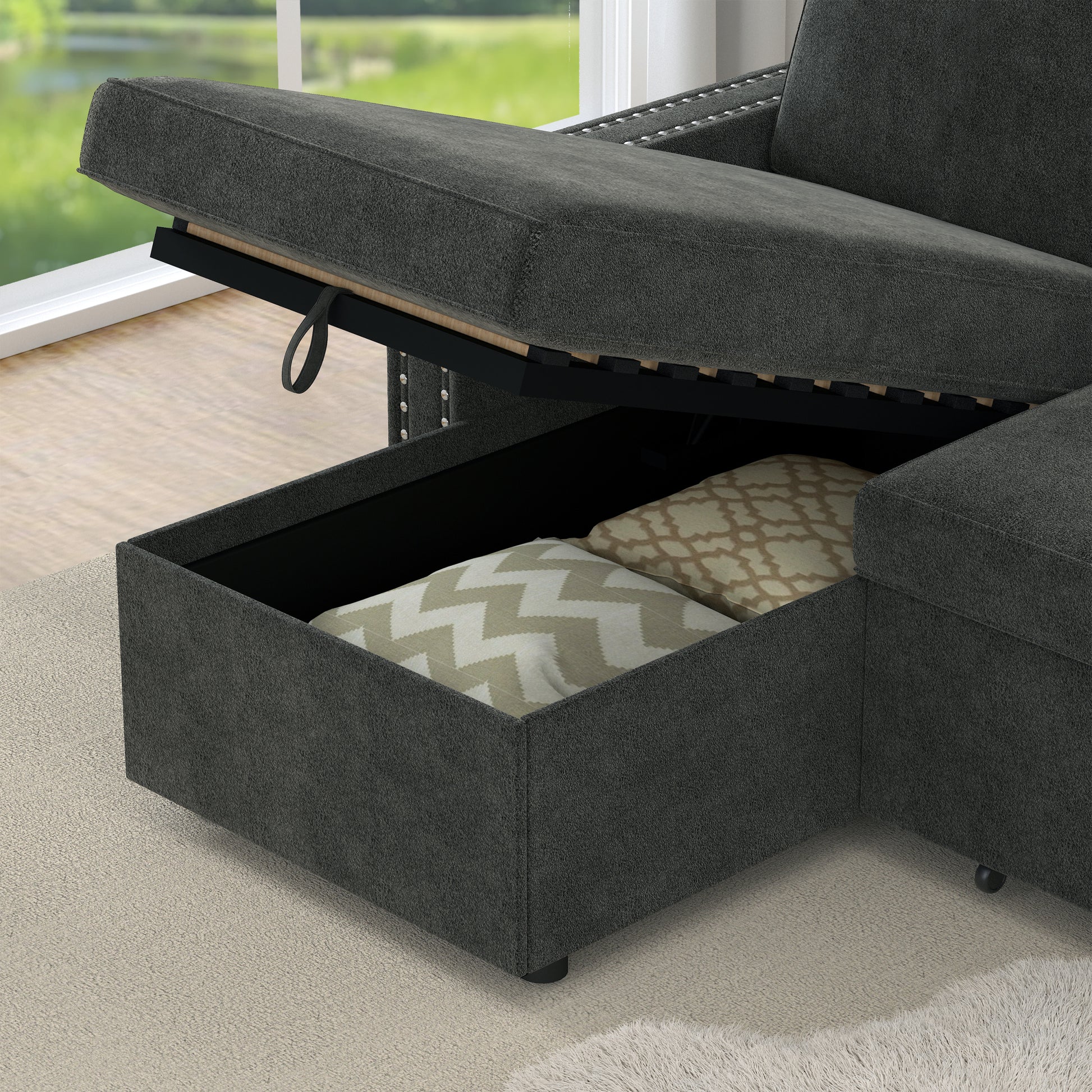 85 Inches Sofa Bed, 3 Seater Sleeper Sofa With Storage Chaise, Square Handrail With Pull And Copper Nail,Chenille Dark Grey, Pull Out Couch For Living Room Dark Grey Chenille 3 Seat