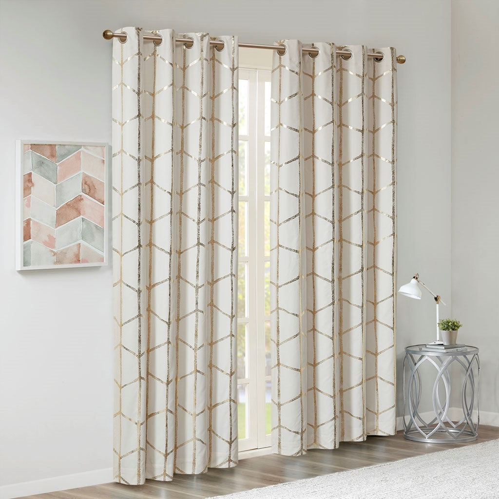 Total Blackout Metallic Print Grommet Top Curtain Panel Only 1 Pc Panel Ivory Gold Microfiber