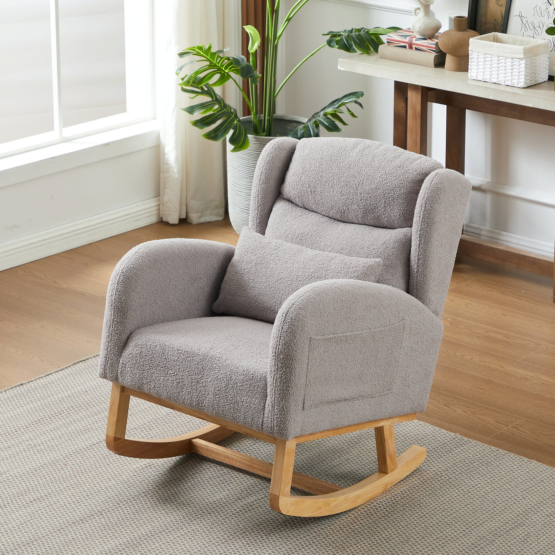 27.2"W Modern Accent High Backrest Living Room Lounge Arm Rocking Chair, Two Side Pocket Grey Foam Fabric