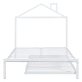 Full Size Metal Platform Bed With Twin Size Trundle,House Shaped Headboard Design, White Full White Metal