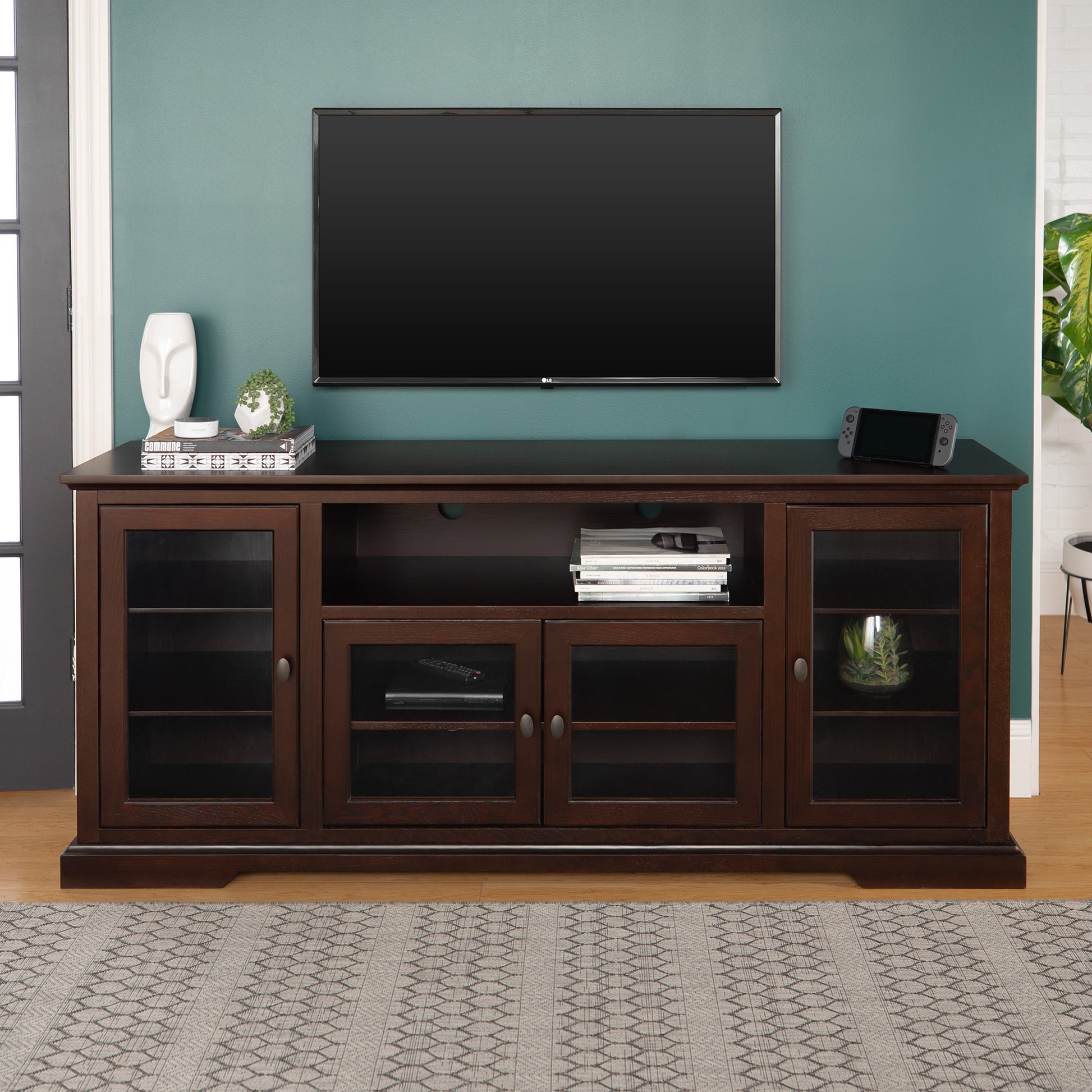 Transitional Classic 70" Tv Stand For 80" Tvs With 4 Glass Doors Espresso Espresso Mdf