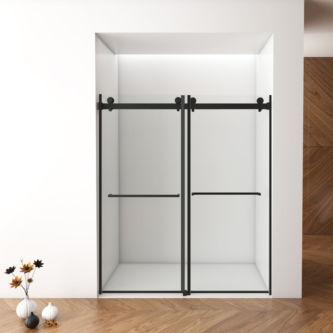 56" 60"W X 76"H Frameless , Double Sliding , 3 8'' 10Mm Clear Tempered Glass Shower Enclosure With Square Rail,Double Side Easy Clean Coat,Matte Black Finished With Buffer Matte Black Bathroom American Design Stainless Steel