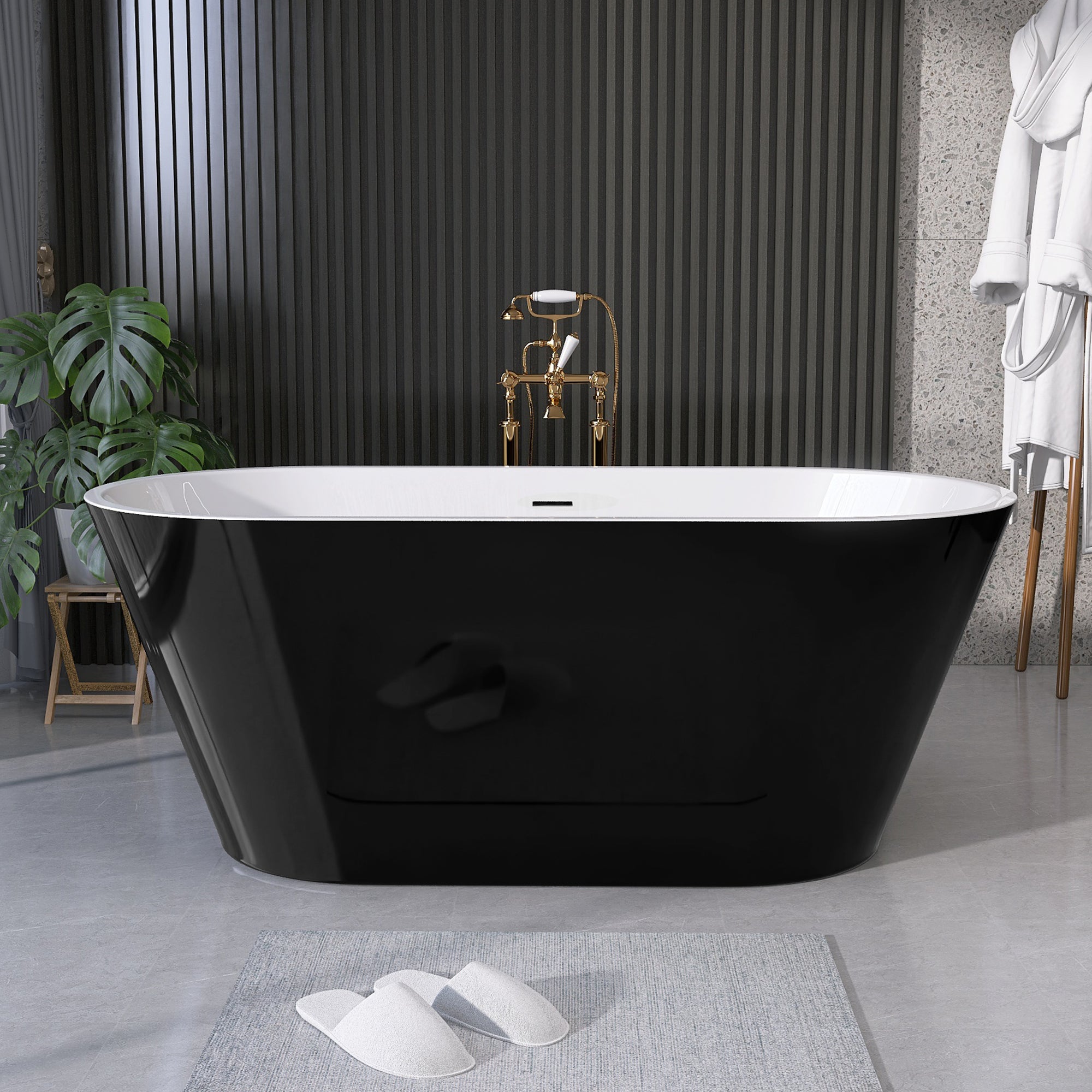 55 Inch Acrylic Freestanding Bathtub Contemporary Soaking White Tub With Overflow And Pop Up Drain Gloss Black Black White Oval Bathroom Freestanding Tubs Polished Less Than 59 In Contemporary,Modern Soaking Center Fiberglass Acrylic