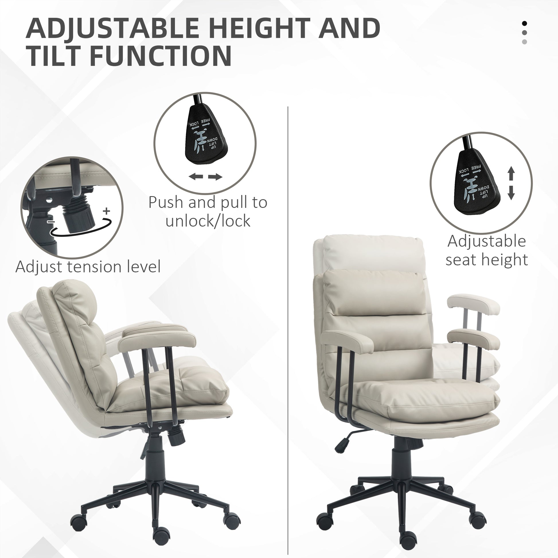Homcom Pu Leather Office Chair, Office Desk Chair, Task Computer Chair With Swivel Wheels, Adjustable Height, Double Tier Padded, Light Gray Light Gray Faux Leather