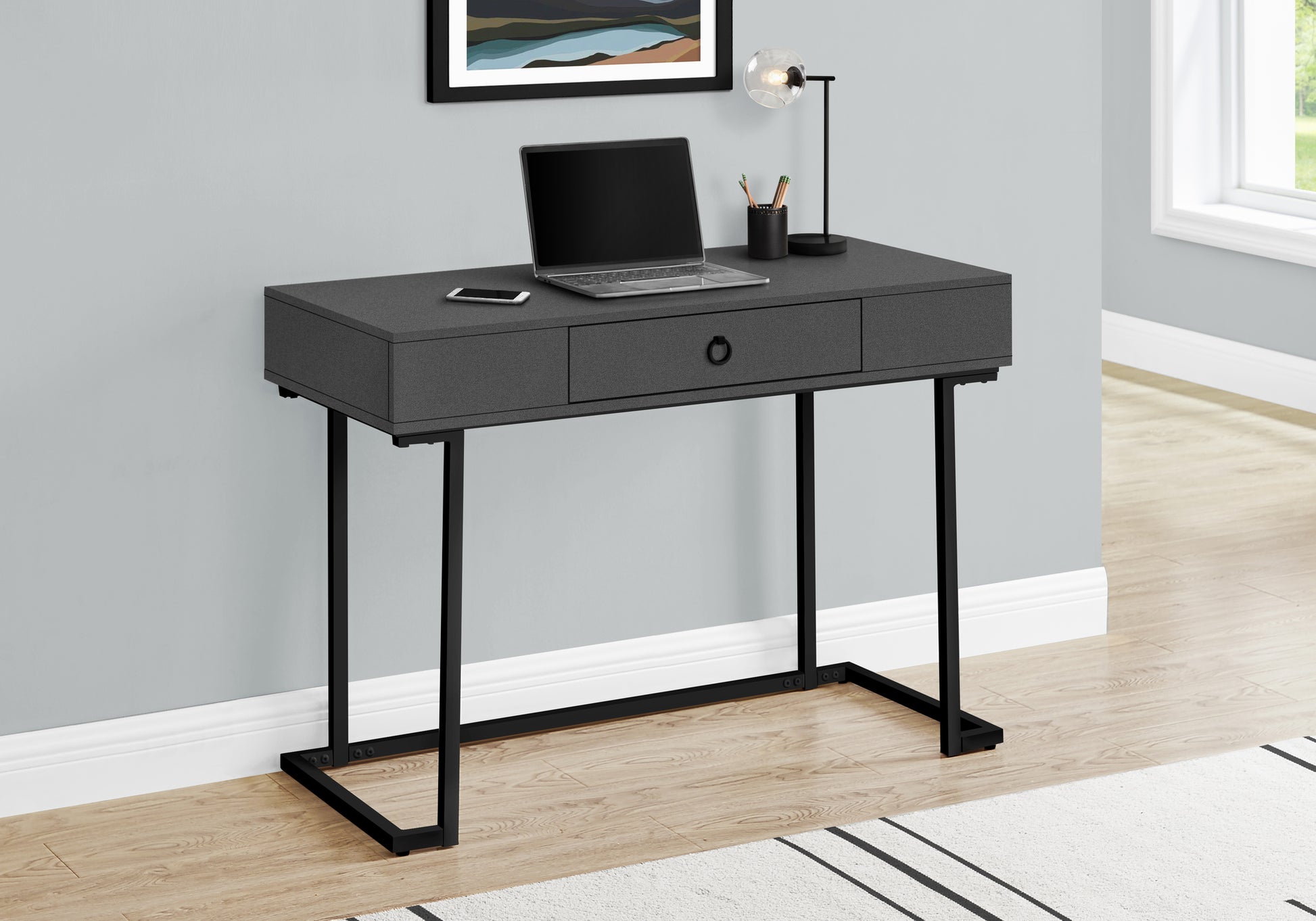 Computer Desk, Home Office, Laptop, Storage Drawers, 42"L, Work, Grey Laminate, Black Metal, Contemporary, Modern Grey Mdf