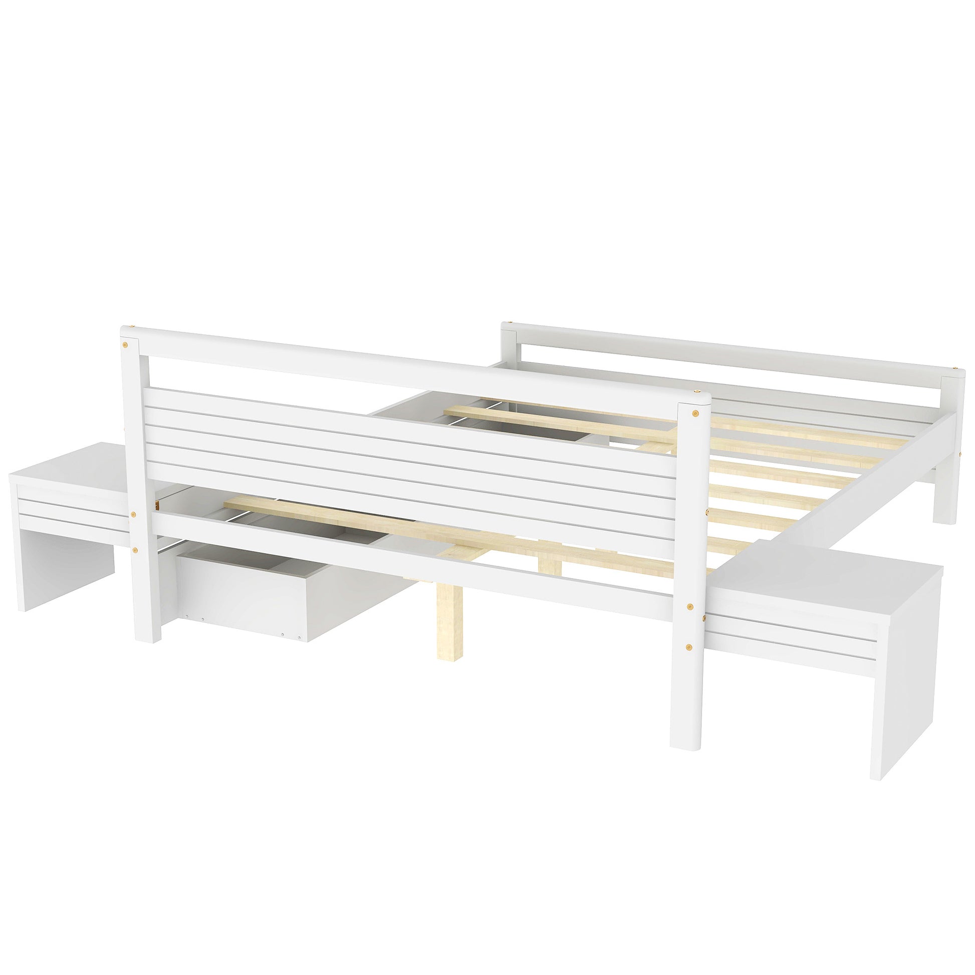 Queen Size Wooden Platform Bed With 2 Storage Drawers And 2 Bedside Tables, White Queen White Pine