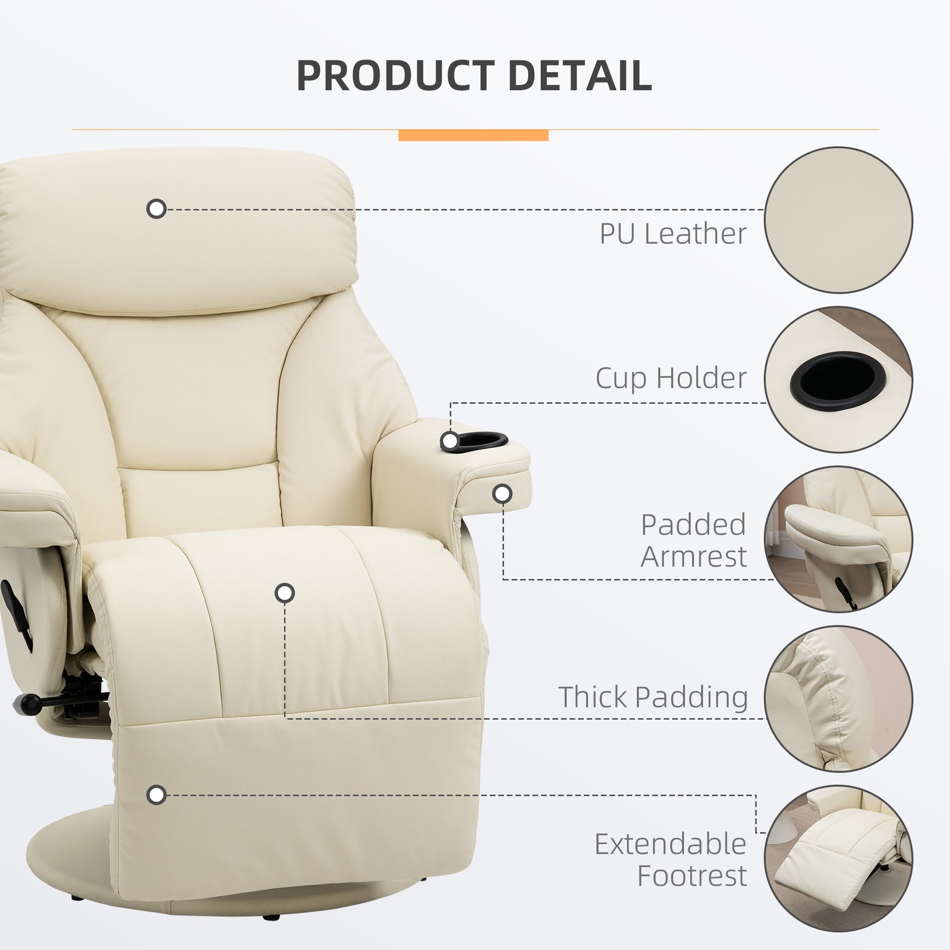 Homcom Manual Recliner, Swivel Lounge Armchair With Side Pocket, Footrest And Cup Holder For Living Room, Cream White Cream White Pu Leather