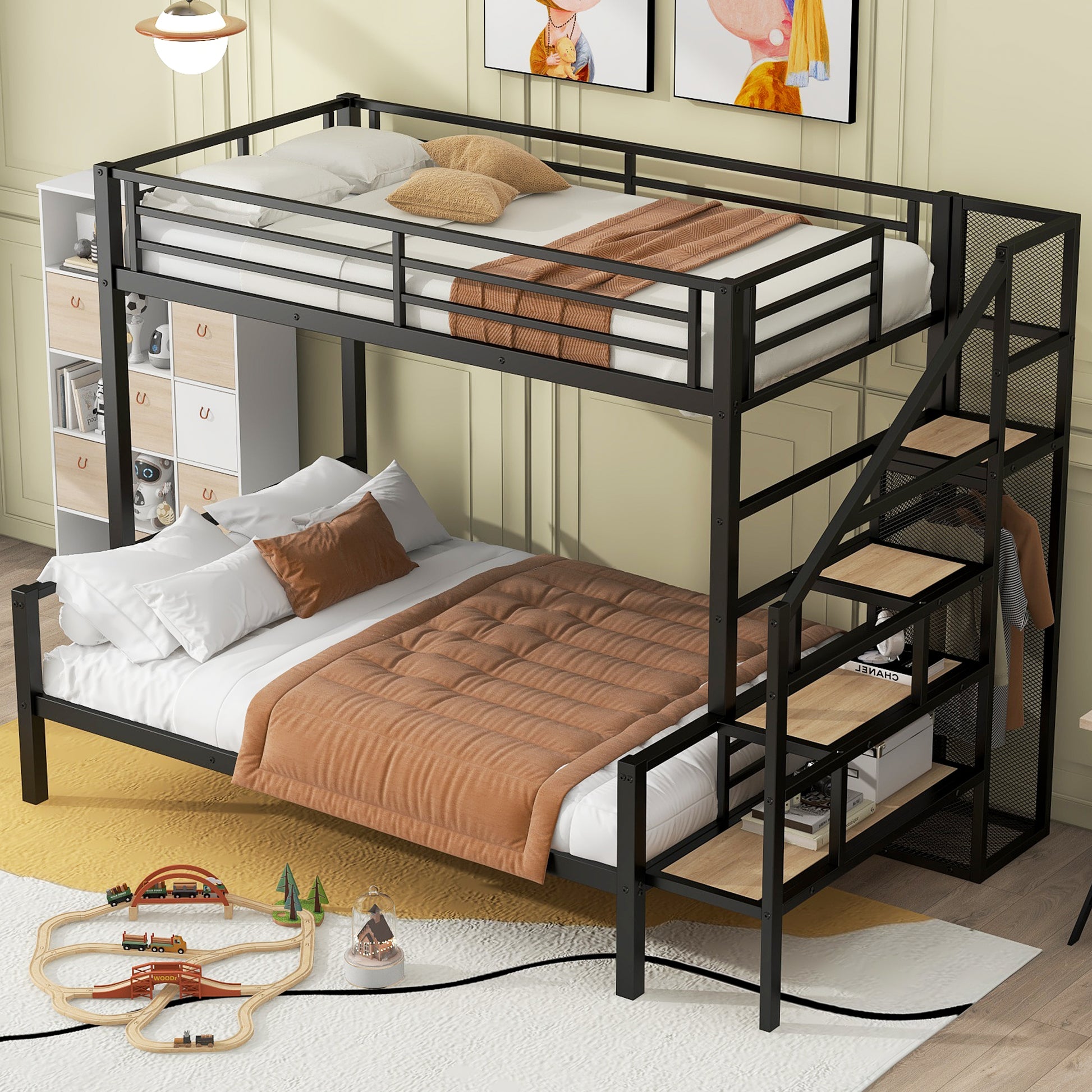 Twin Over Full Size Metal Bunk Bed With Storage Staircase And Open Wardrobe,Black Expected Arrival Time:11.15 Black Mdf Metal