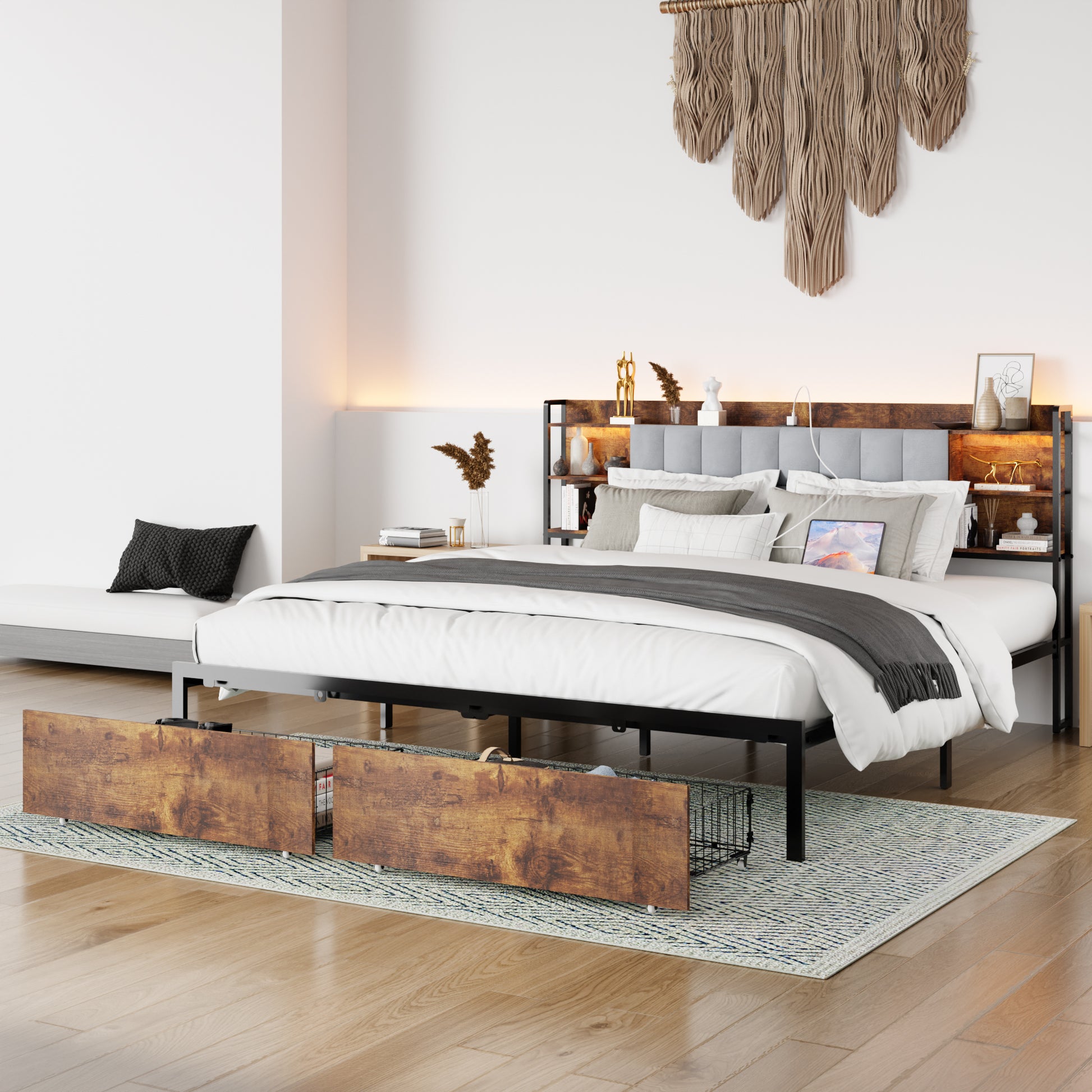 King Size Bed Frame With 2 Storage Drawers And Led Lights Headboard, Upholstered King Bed Frame With Charging Station, No Box Spring Needed, Easy Assembly Box Spring Not Required King Dark Brown Metal Bedroom Modern Bed Frame Velvet Mdf Metal