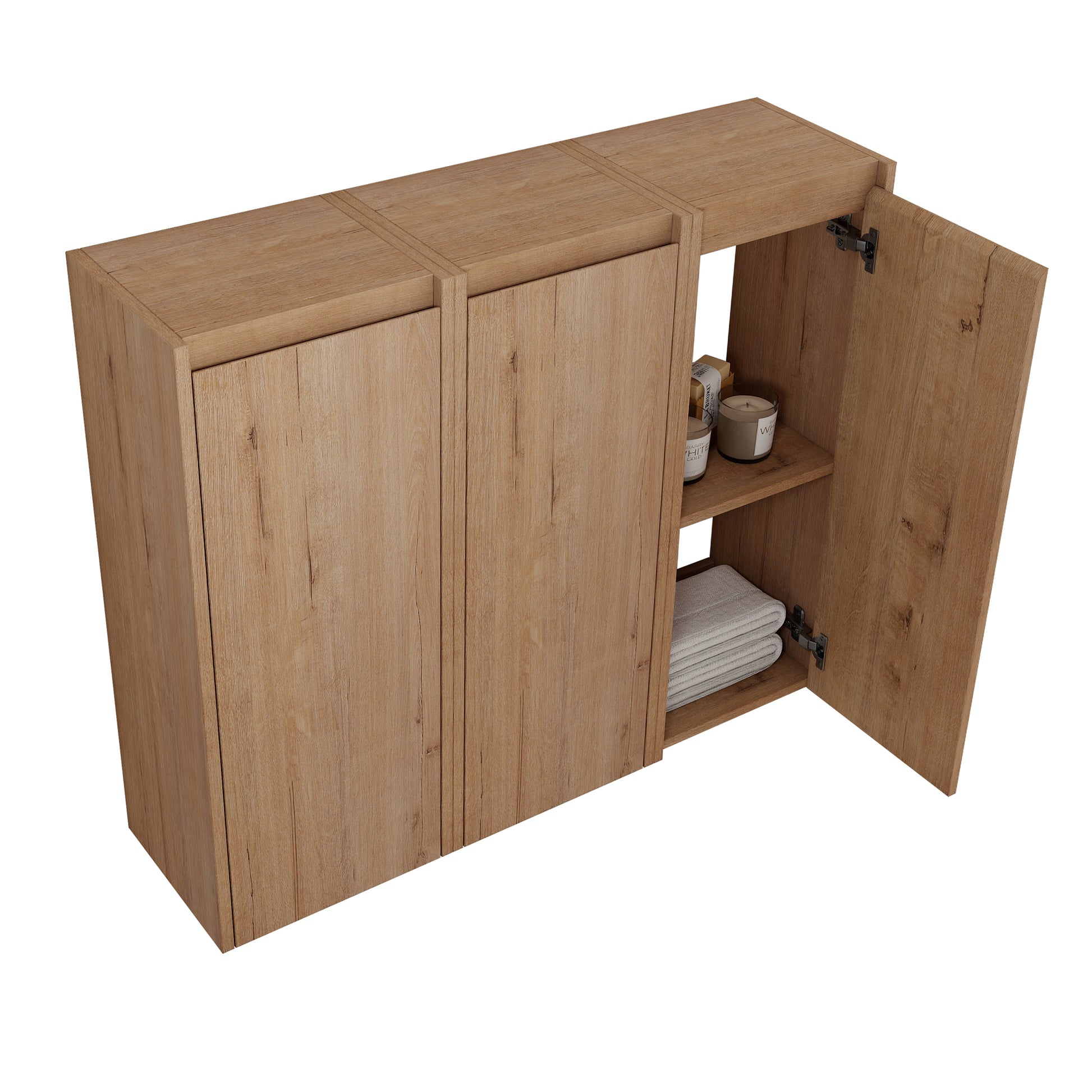 12" Bathroom Side Cabinet, 3 Soft Close Doors, Float Mounting Design, 12*3 Kd Packing Imitative Oak 3 Bathroom Wall Mounted Modern Plywood Plywood