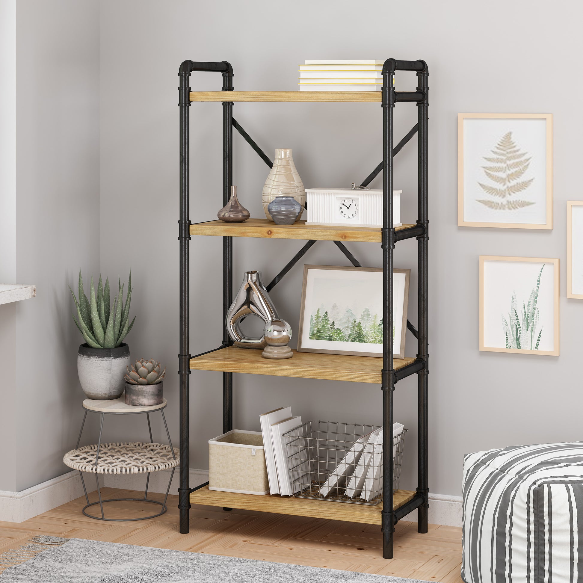 Metal Pipe Shelf With Fir Wood Black Metal & Wood