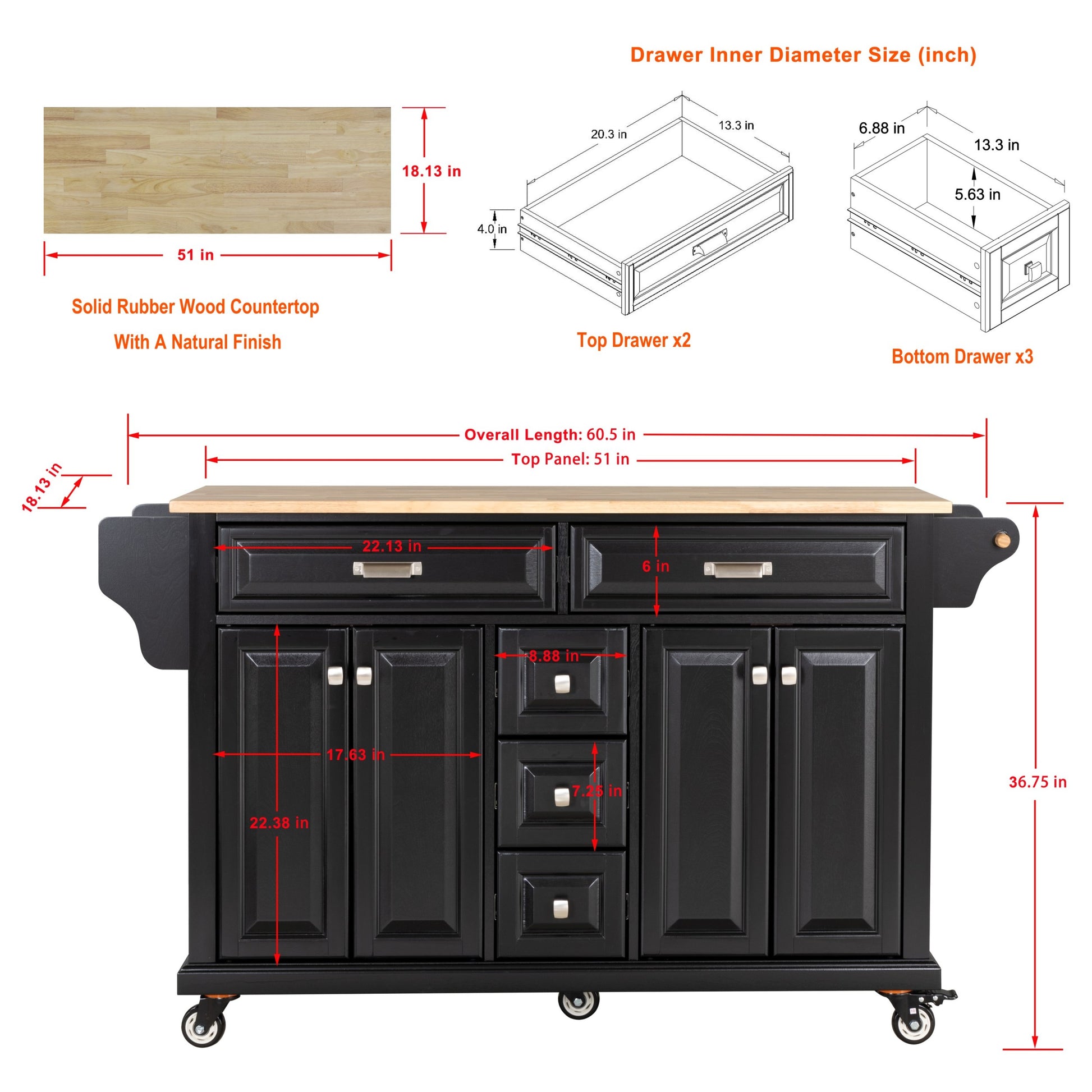 Kitchen Island With Rubber Wood Countertop, Kitchen Cart On 5 Wheels With Storage Cabinet And 5 Drawers For Dinning Room, Black Black Dining Room Rectangular Rubberwood Solid Wood Mdf Large 56 In