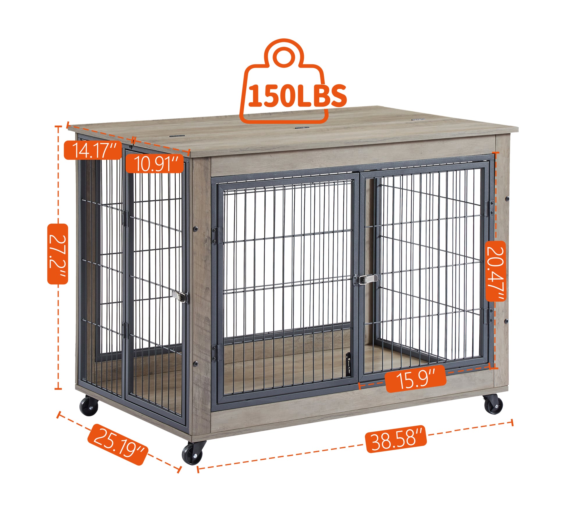 Furniture Style Dog Crate Side Table On Wheels With Double Doors And Lift Top.Grey,38.58''W X 25.5''D X 27.36''H. Grey Particle Board