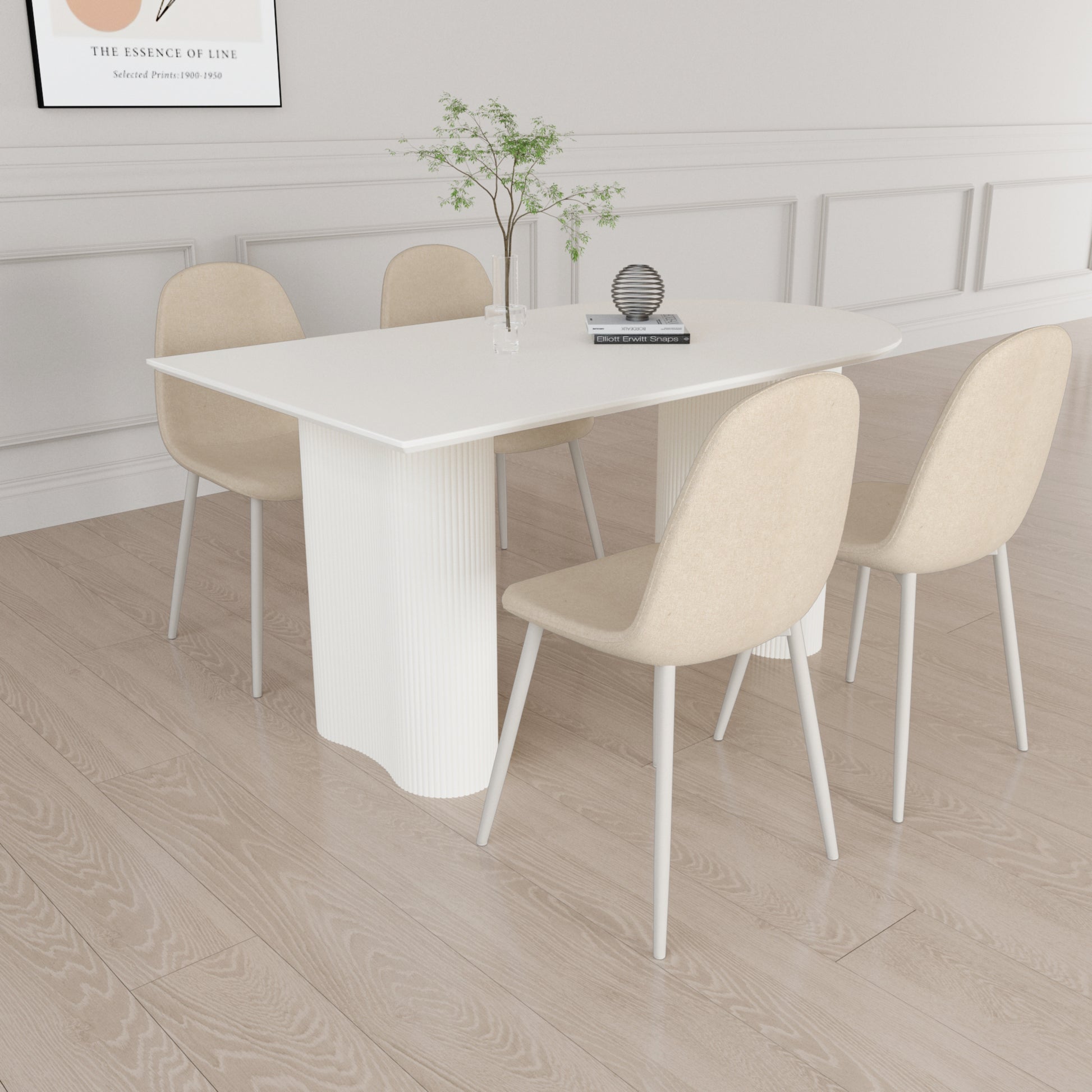 63 "Mdf Cream Style Coffee Table And Modern Dining Chair 4 Piece Set, Modern Fashion Kitchen Table Set, Round Wave Table Legs, Dining Table And Linen Chair Beige White Mdf