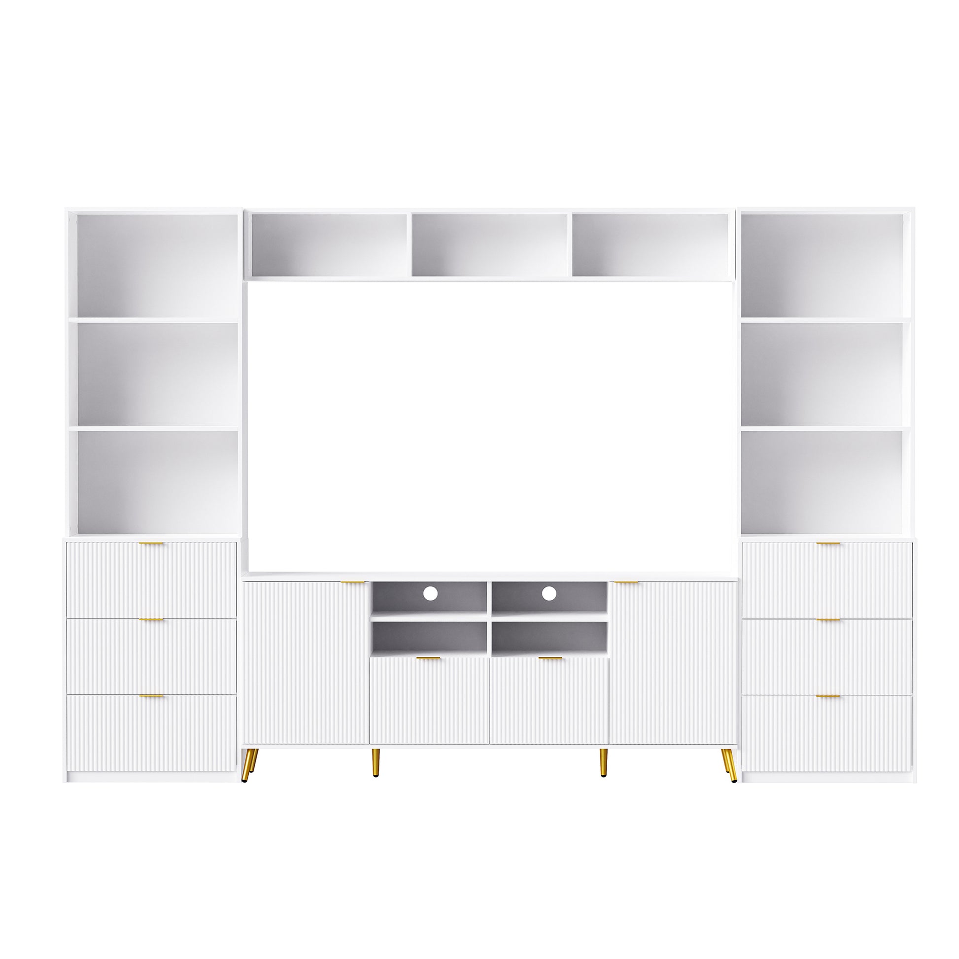 4 Piece Entertainment Wall Unit With 13 Shelves,8 Drawers And 2 Cabinets, Multifunctional Tv Stand Media Storage Cabinet With Fluted Line Surface For Living Room, For Tvs Up To 70" White 60 69 Inches Mdf