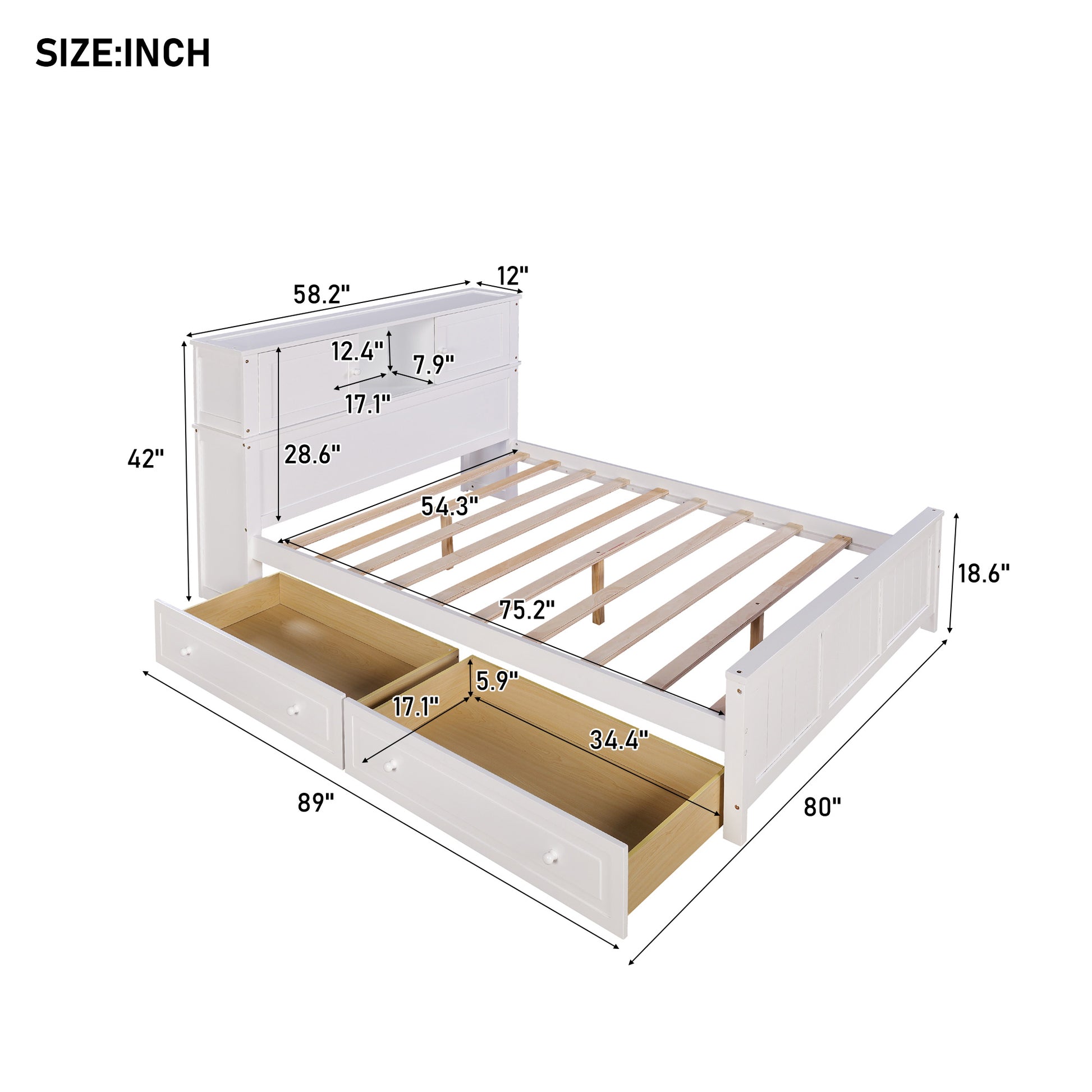 Full Size Platform Bed With Storage Headboard And Sliding Door,2 Drawers, White Full White Solid Wood Mdf