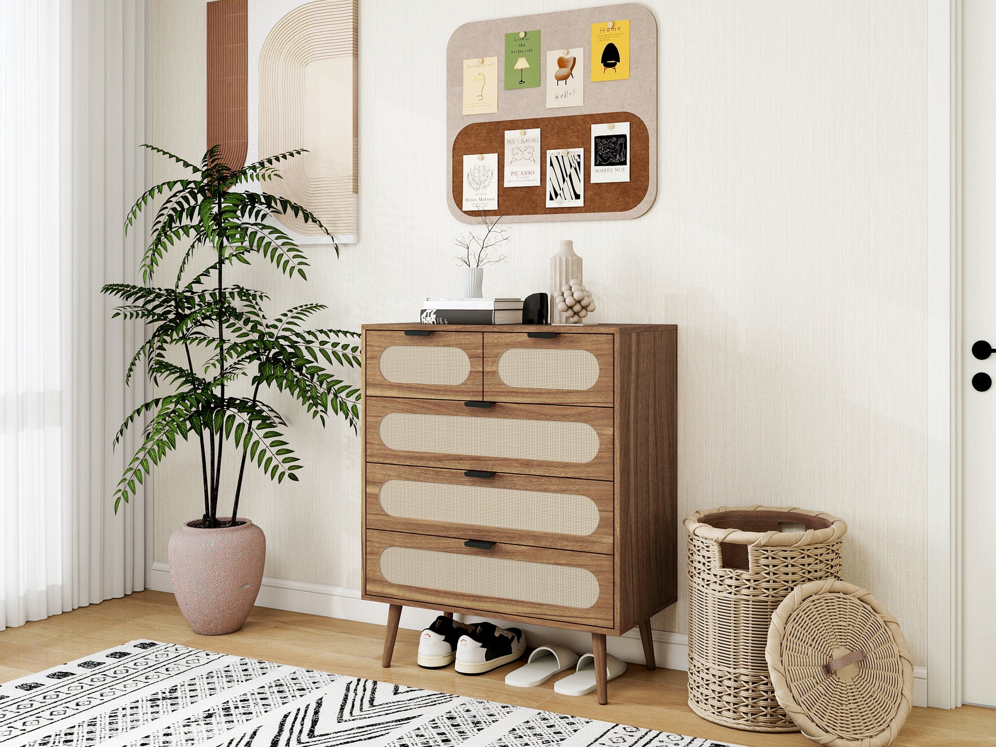 5 Drawer Cabinet, Accent Storage Cabinet, Suitable For Living Room, Bedroom, Dining Room, Study Walnut Mdf