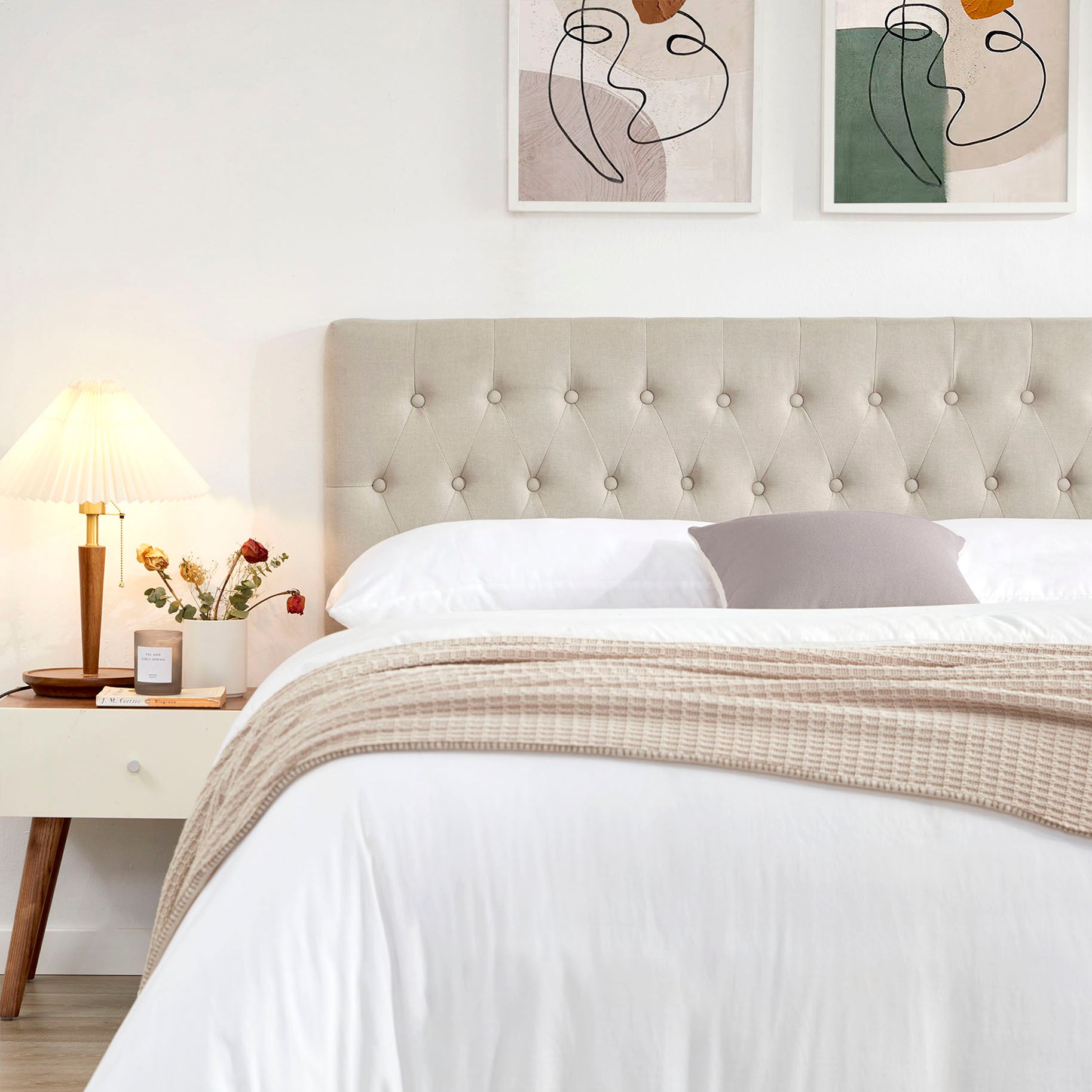 Headboards In Modern Button Design, Premium Linen Fabric Upholstered Tufted Bed Headboard, Adjustable Solid Wood Head Board Beige, Twin Twin Beige Bedroom Bed Frame Linen Fabric Metal