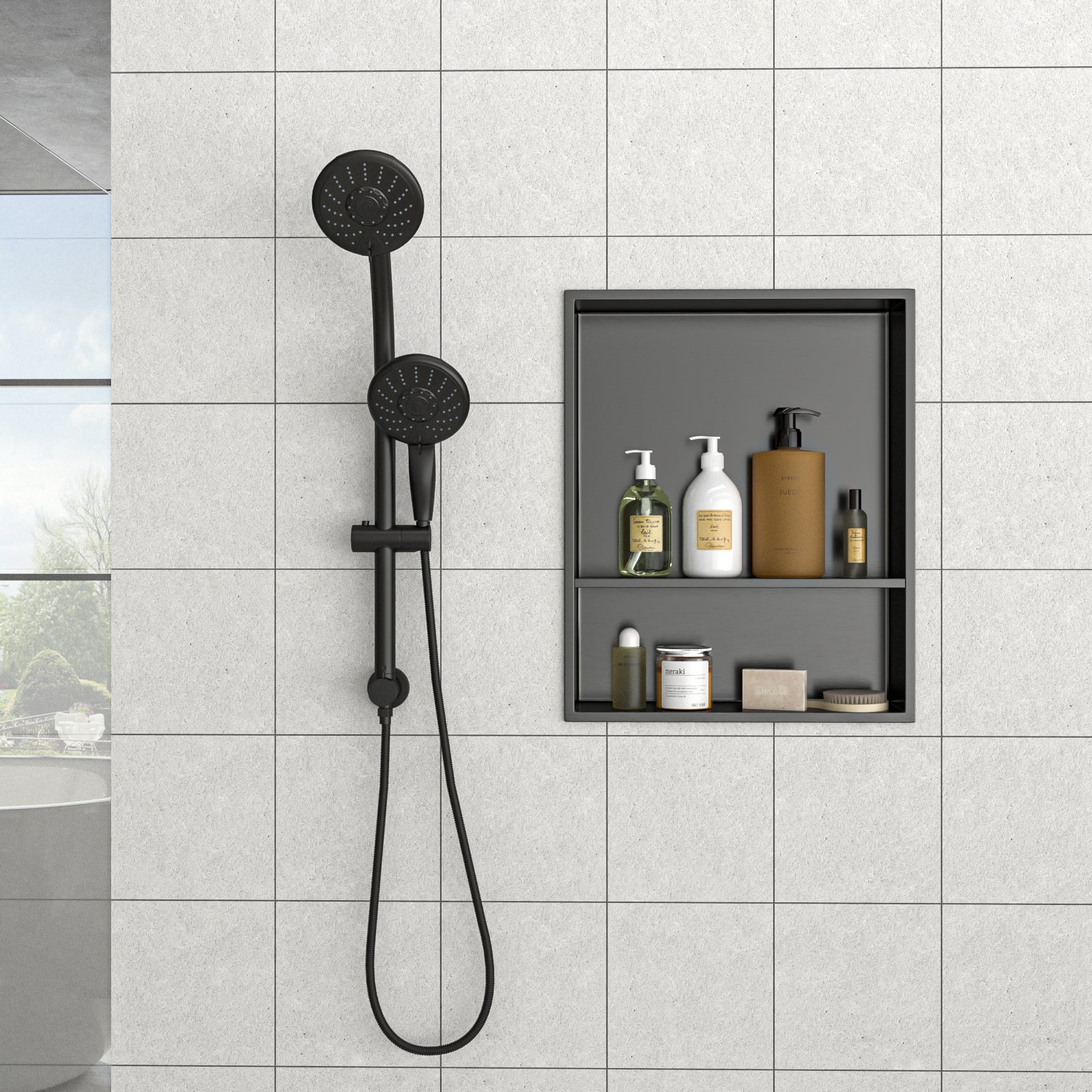 21" X 17" Stainless Steel Shower Niche Double Shelf, Gunmetal Black Gunmetal Black Stainless Steel