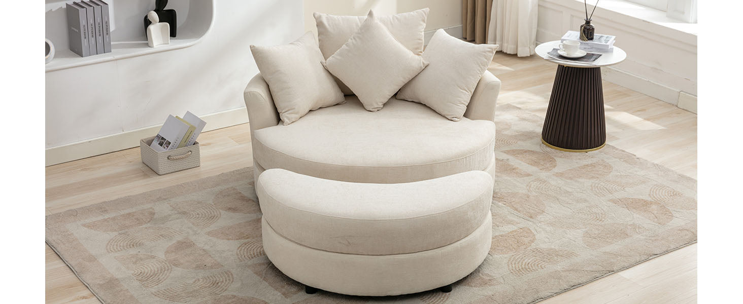 Orisfur. 360 Swivel Accent Barrel Chair With Storage Ottoman & 4 Pillows, Modern Chenille Leisure Chair Round Accent For Living Room, Cream Cream Foam Chenille