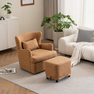 Synthetic Leather Upholstered Swivel Chair, 360 Swivel Comfort Round Armchair, Single Sofa Chair With Lounge Seat For Bedroom Office Reading Space, Set Of 1 ,Brown Yellow Brown Yellow Wood