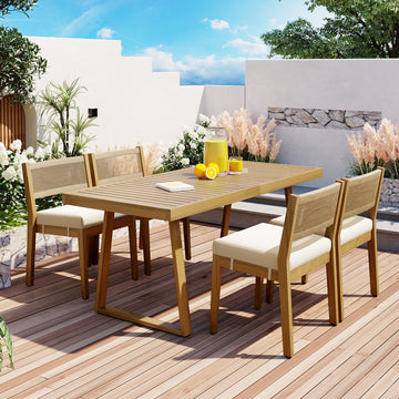 Multi Person Outdoor Acacia Wood Dining Table And Chair Set, Thick Cushions, Suitable For Balcony, Vourtyard, And Garden. Beige Acacia Wood