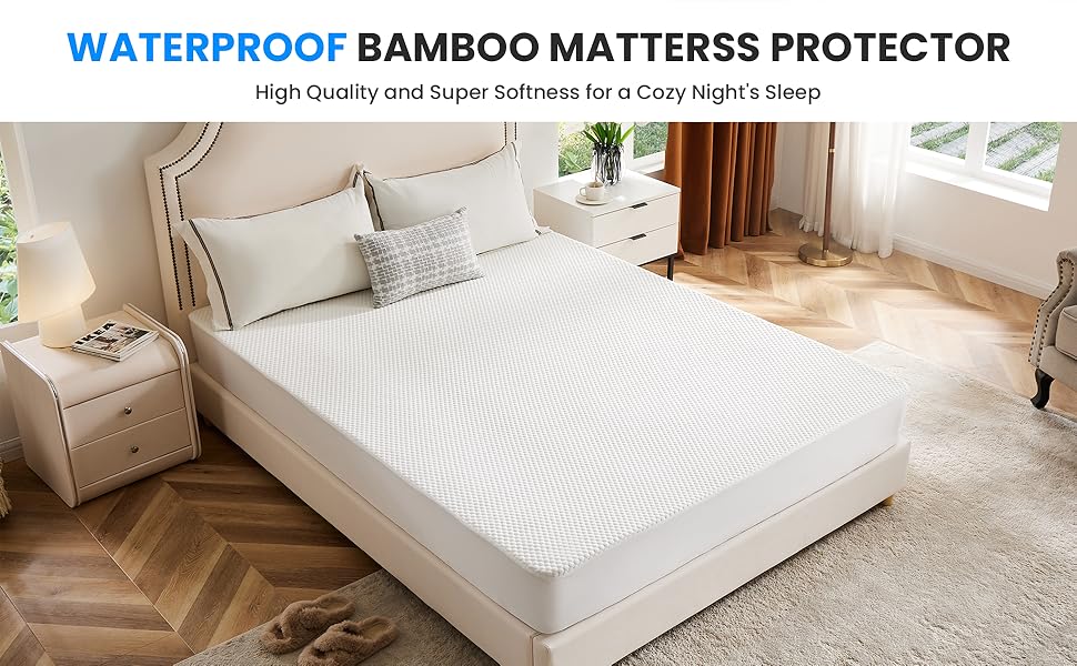 100% Waterproof Bamboo Mattress Protector King Size Bed,Soft 3D Air Fabric Mattress Pad Cover, Machine Washable Fitted Style With Stretchable Pockets Up To 19'' White Bamboo King