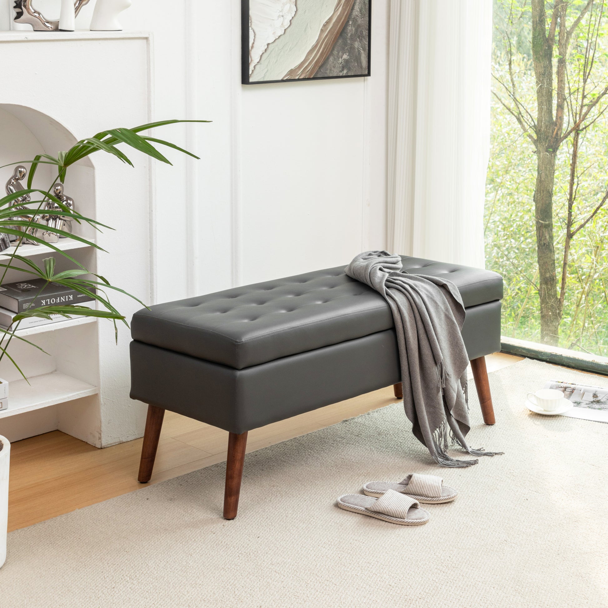 Storage Bench With Storage Bench For Bedroom End Of Bed Bench Foot Of Bed Bench Entryway Bench Storage Ottoman Bench 43.3" W X 17.7" Dark Grey Leather Bench Dark Grey Pu Leather