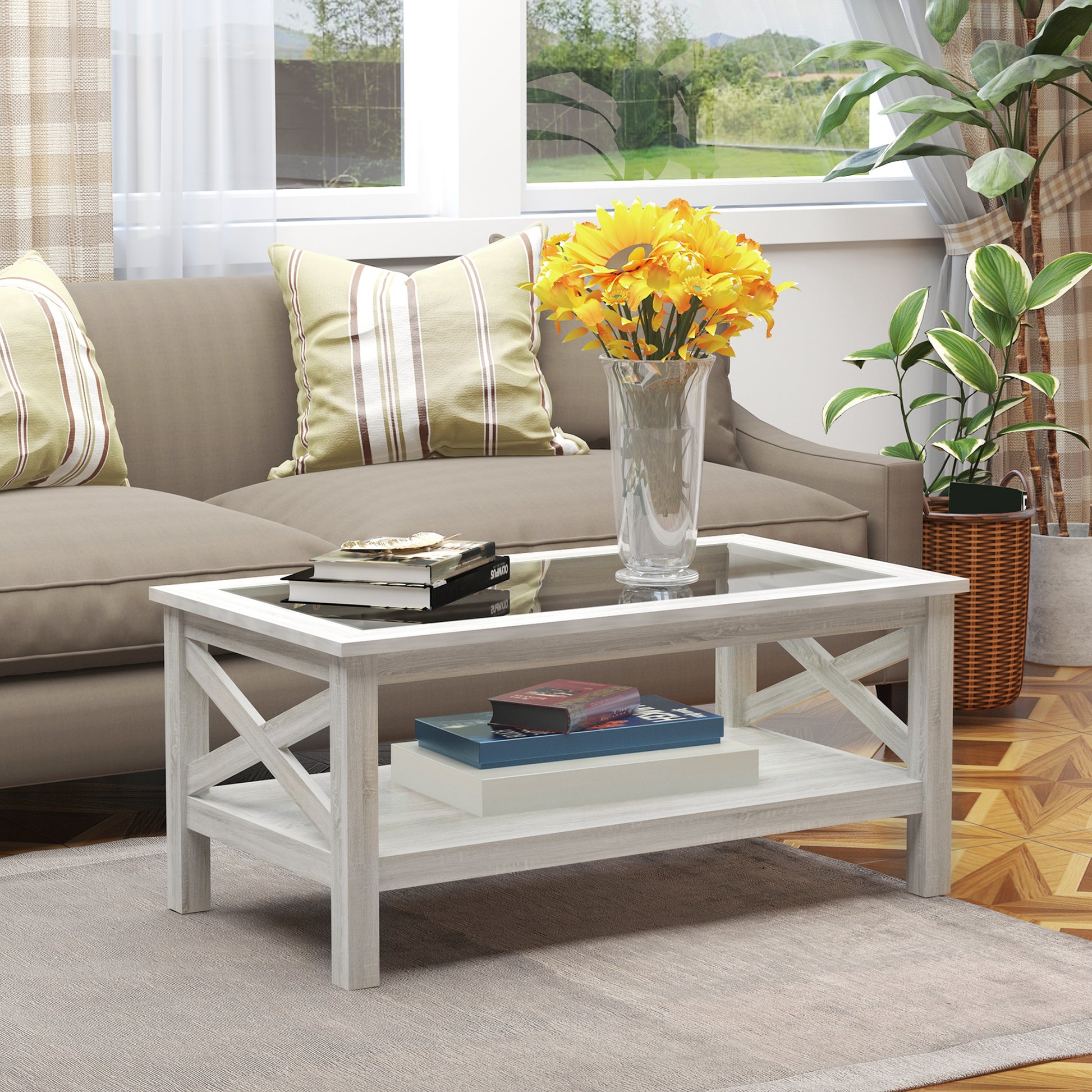 Homcom Farmhouse Style Coffee Table With Wood Frame, Tempered Glass Tabletop And Underneath Storage Shelf, Side Table For Living Room, 39.25"X21.75", White Oak White Oak Mdf