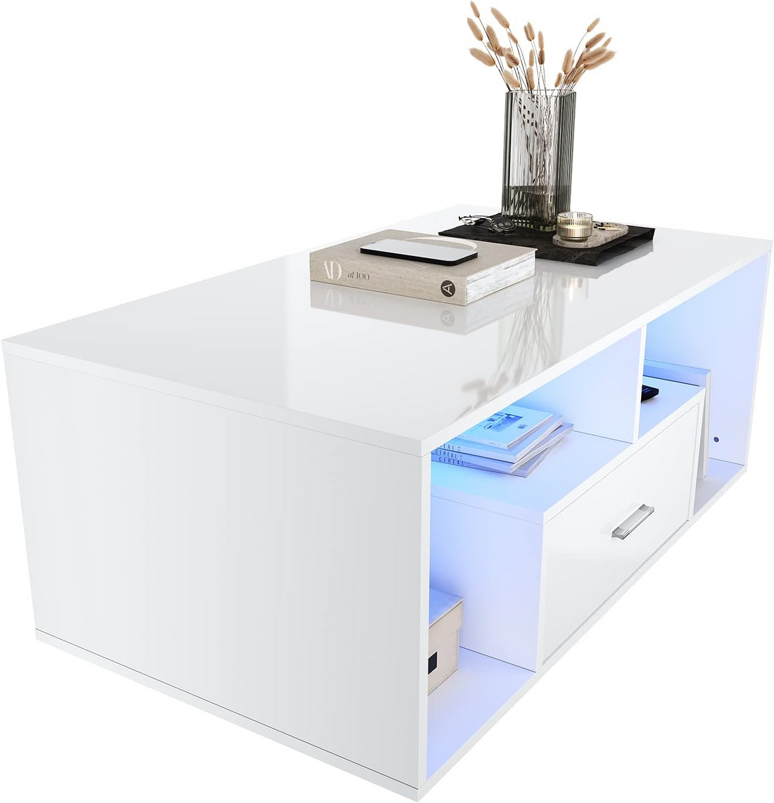 Dfw Coffee Table With Storage Compartment Drawers And Led Adjustable Lights Available In 16 Colours Sofa Table Side Table White White Primary Living Space Poplar Rectangular White Drafting Table Mid