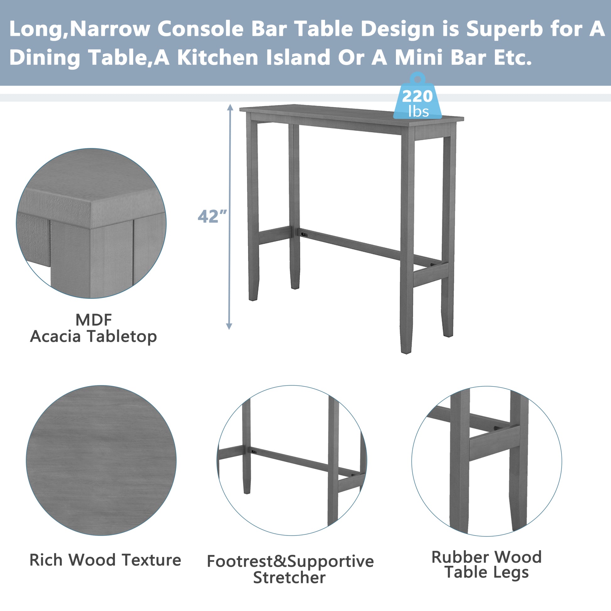 Farmhouse 48"Rectangular Wood Bar Height Dining Set Kitchen Breakfast Nook With 2 Chairs For Small Places,Gray Gray Wood Dining Room Solid Wood Acacia Rectangular Dining Table With Chair Upholstered Chair Wood Gray Solid Back Seats 2 48 Inches Farmhouse