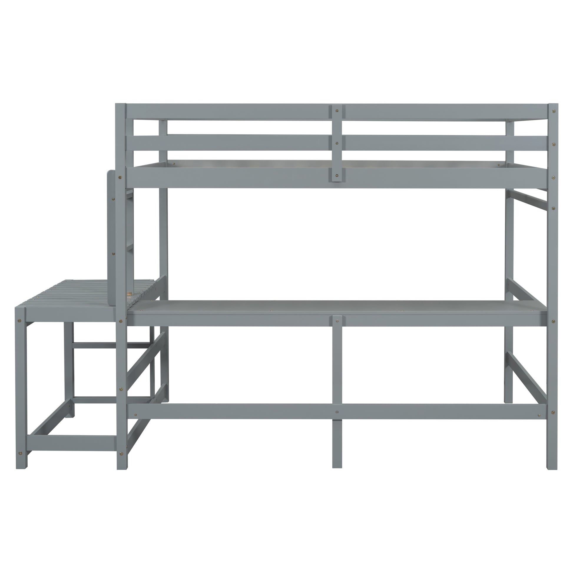 Full Size High Loft Bed With Built In Desk, Ladder Platform, Ladders, Guardrails ,Grey Full Grey Bedroom American Design Pine