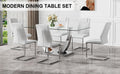 Table And Chair Set.Contemporary, Minimalist Rectangular Dining Table Featuring A Clear Tempered Glass Top And Sleek Silver Legs. Paried With Chairs Made Of Pu Material Cushion And Silver Metal Legs. White Seats 6 Glass Metal