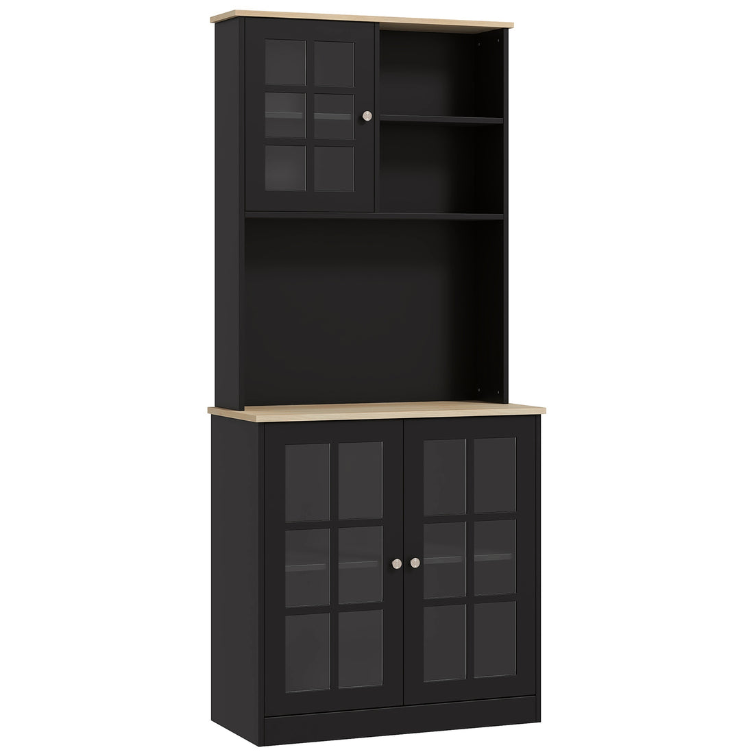 Homcom Kitchen Pantry Cabinet, 72" Freestanding Storage Cabinet With Hutch, Large Countertop, Glass Doors And Adjustable Shelves, Microwave Cabinet, Coffee Bar Cabinet For Dining Room, Black Black Wood