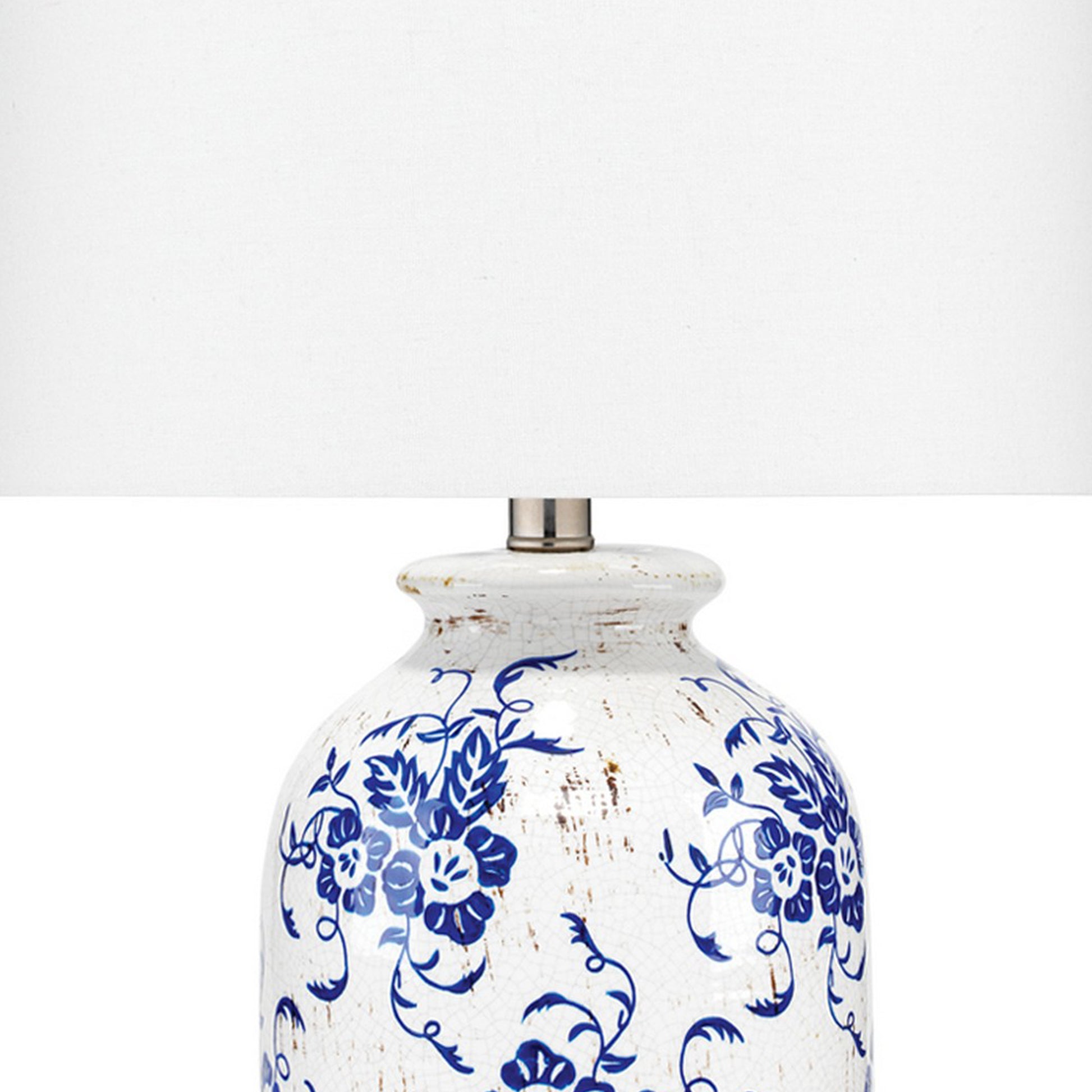 Table Lamp With Floral Pattern Ceramic Vase Base, White White Ceramic