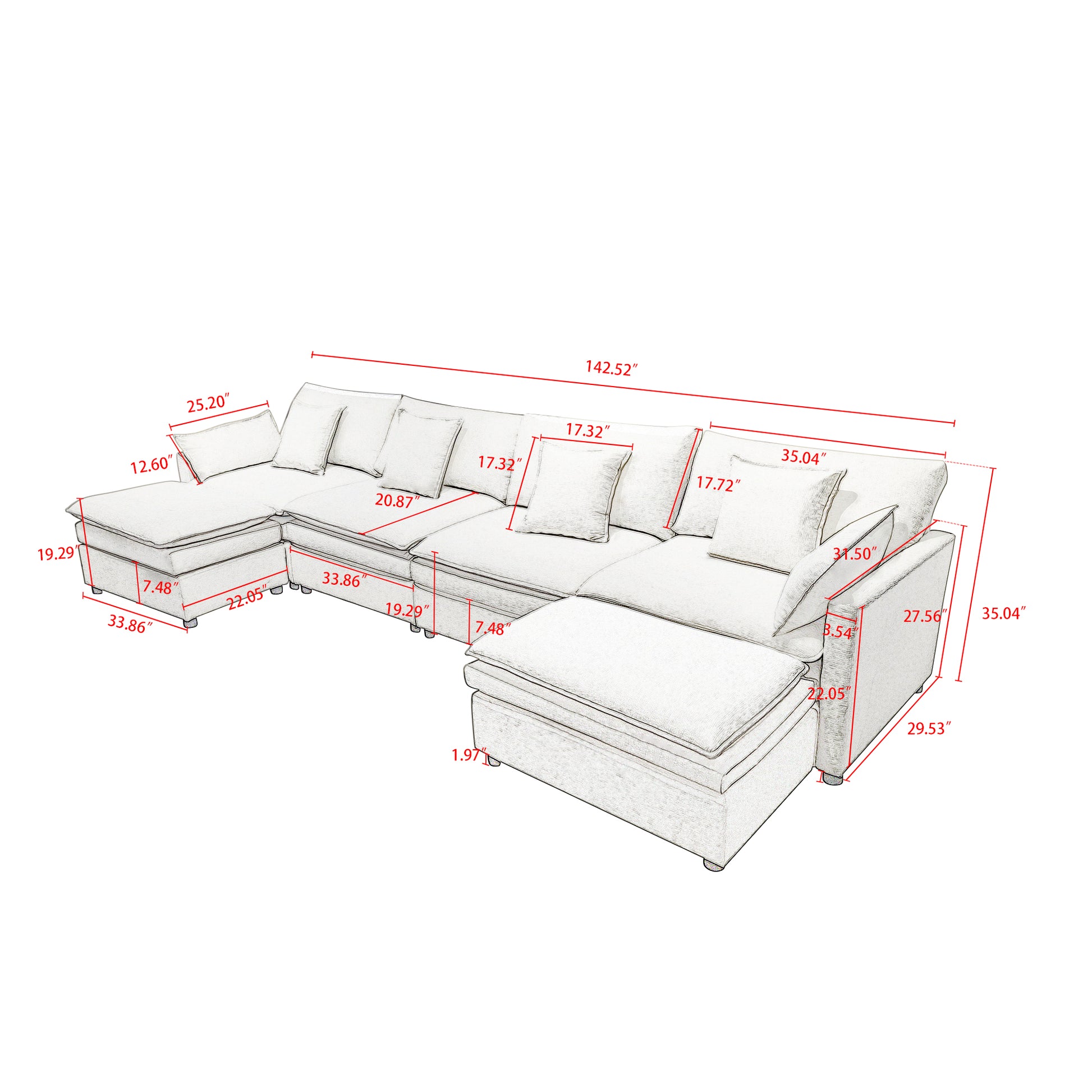 142.52"Modern Chenille U Shaped Sectional Sofa With Convertible Chaise, Comfy Cloud Couch Deep Sectional Sofa With Ottomans For Living Room White Wood Foam Chenille 4 Seat