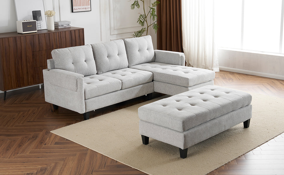 83.4" L Shaped Sofa Sectional Couch Sofa Bed With Two Usb Ports, A Movable Ottoman And A Reversible Chaise Lounge For Living Room, Grey Grey Foam Chenille 5 Seat