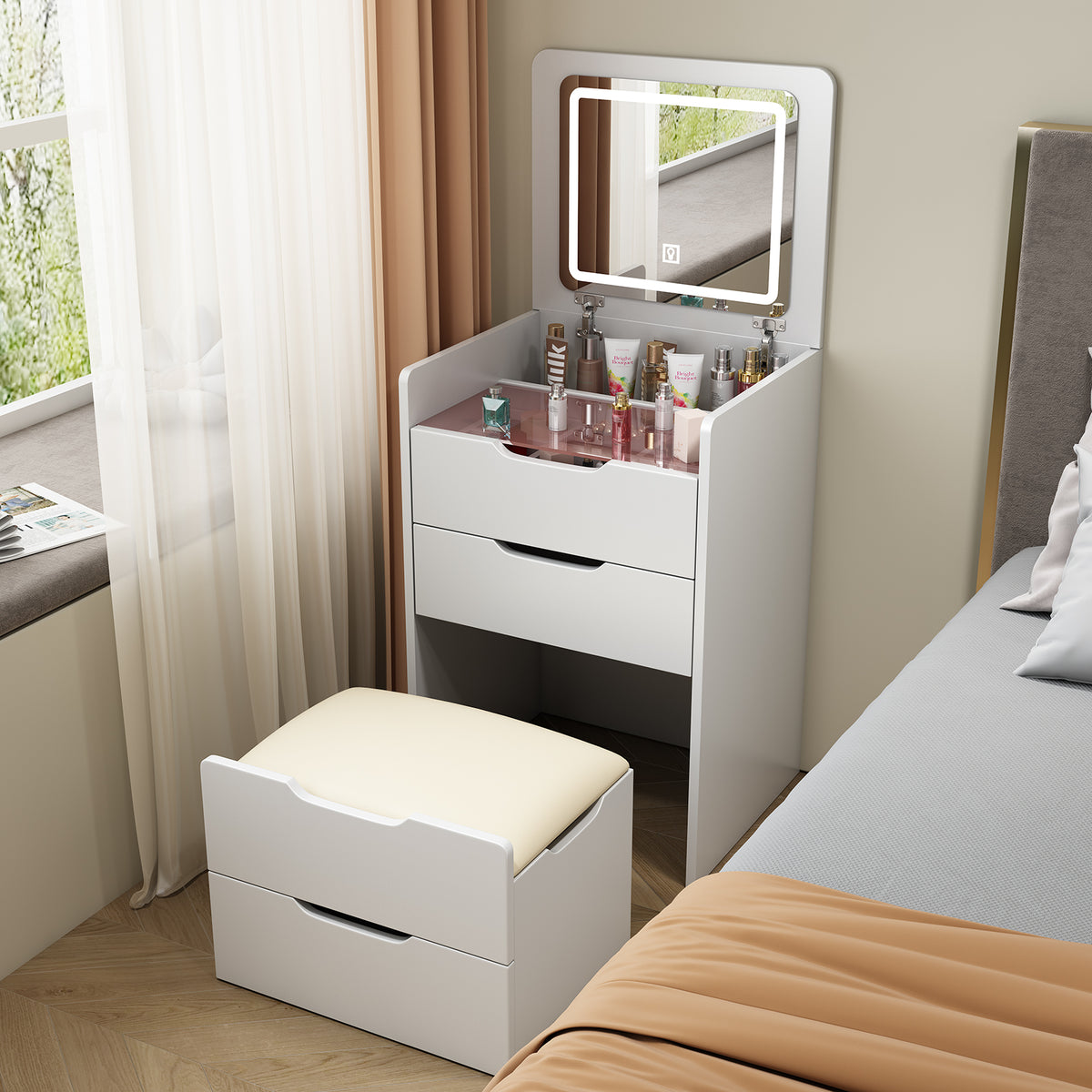 mini drawers for dressing table 3 In 1 Vanity Desk With Plip Top Mirror,Small Make Up Vanity Set With Visible Glass Desktop,Compact Makeup Vanity With 3 Drawers,Cushioned Solid Wood Support Legs Select colour:Dark Red 33bust Romy Sheer Maxi Dress